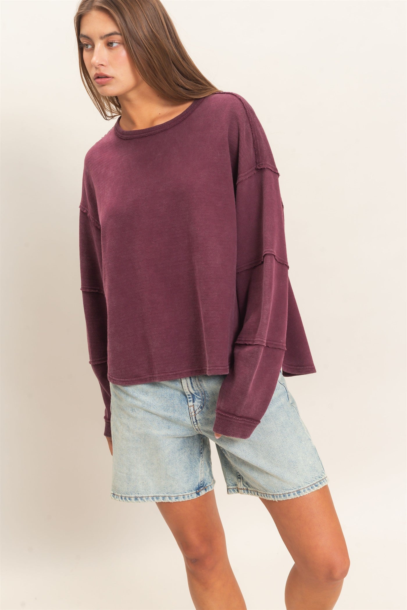 Wholesale Mineral Wash Overzised Raw Edge Crew Neck Top Clothing Tops DZ26E449 DARK CHERRY DOUBLE ZERO