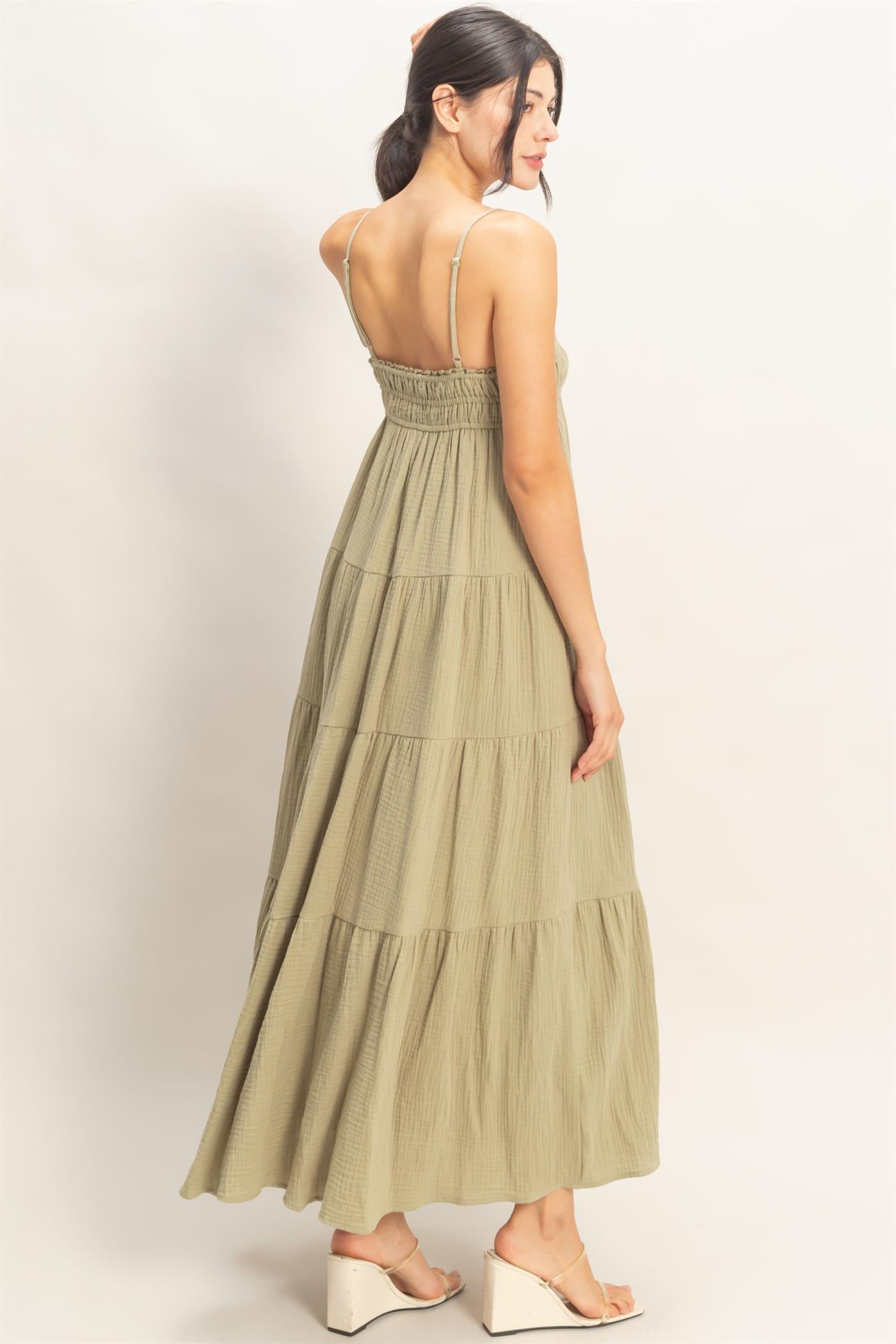 Wholesale Smocked Tiered Maxi Dress Dresses HF26C303 LIGHT OLIVE HYFVE