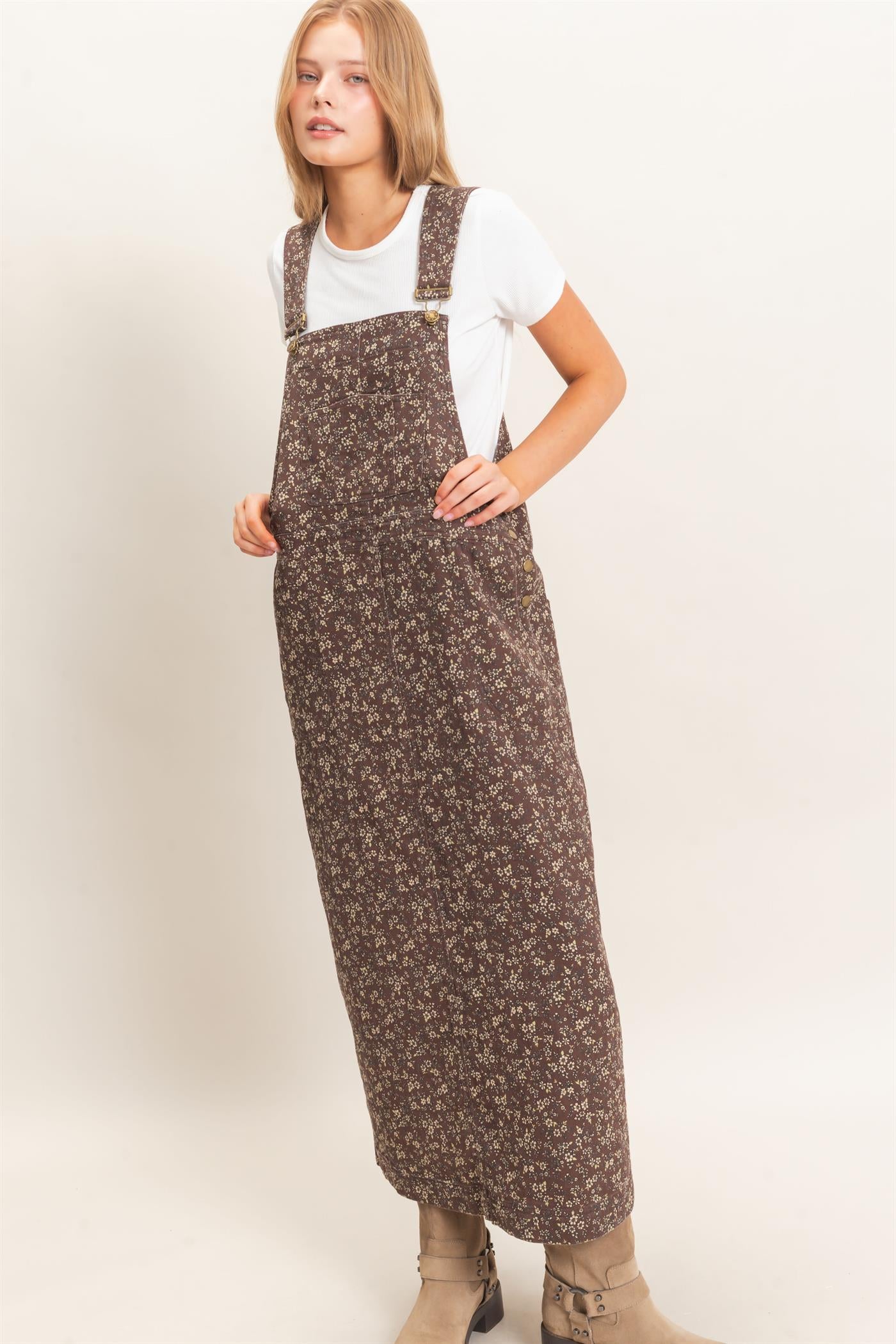 Wholesale Floral Garment Wash Overall Dress Dresses HF26C838 CHESTNUT HYFVE