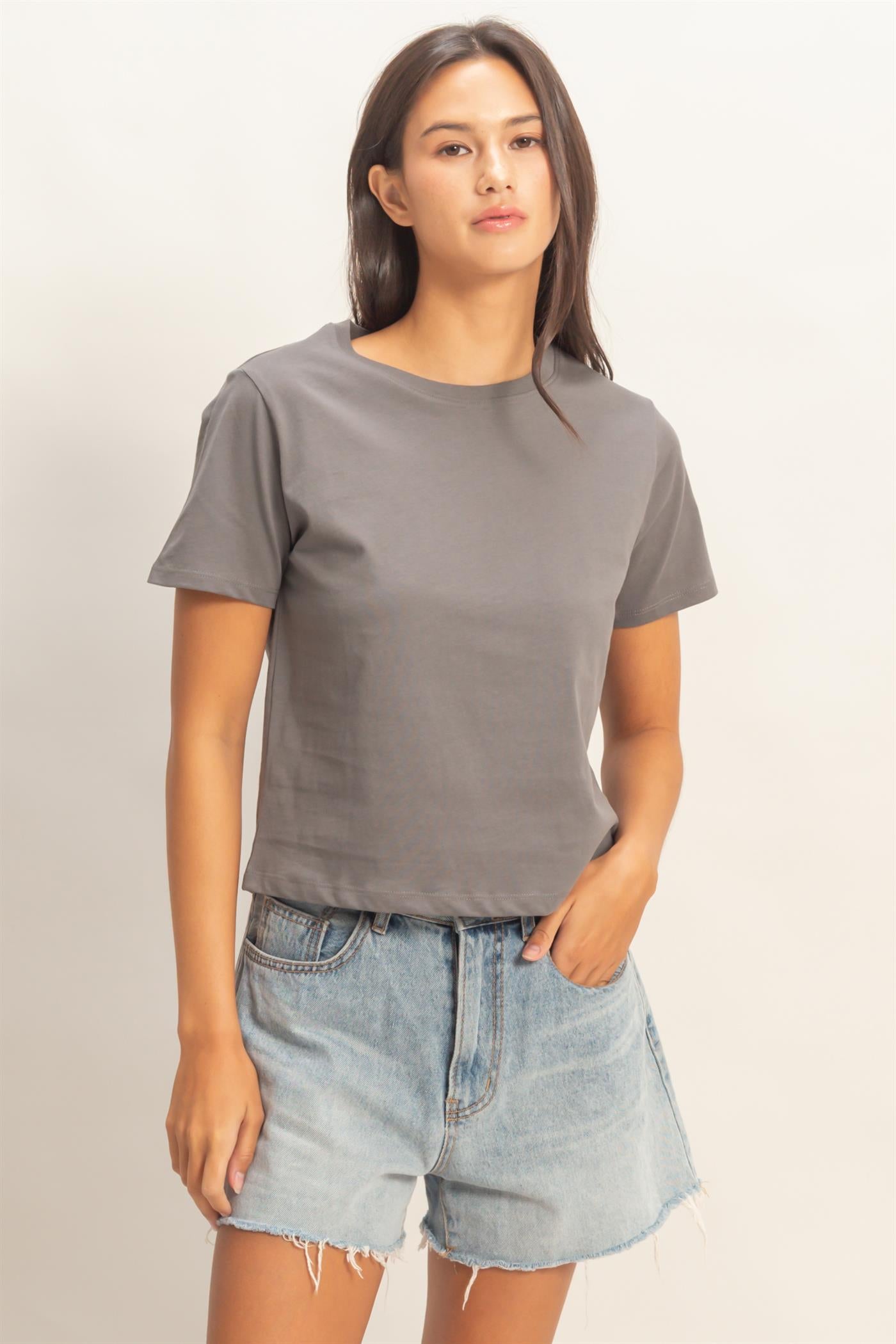 Wholesale Crew Neck Cotton T-Shirt Clothing Tops DZ26C412 CHARCOAL DOUBLE ZERO