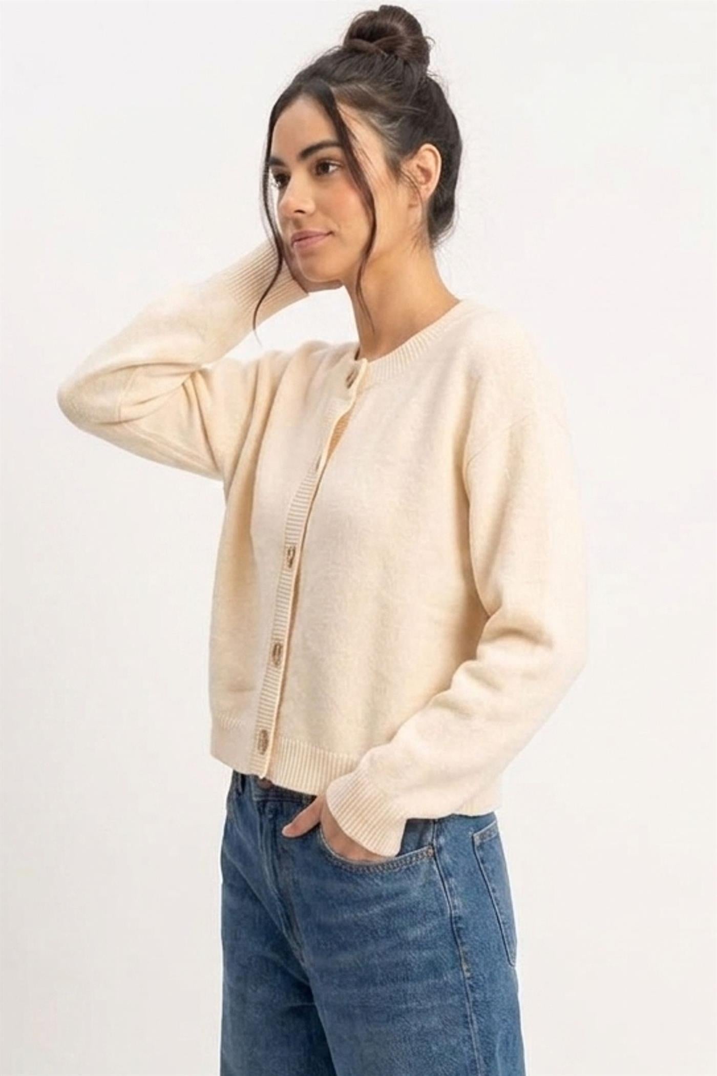 Wholesale Crew Neck Button Front Cardigan Cardigans DZ26E639 CREAM DOUBLE ZERO