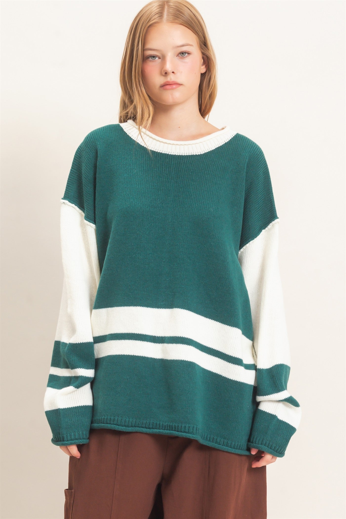 Wholesale Striped Crew Neck Sweater Sweaters HF26E793 TEAL GREEN HYFVE
