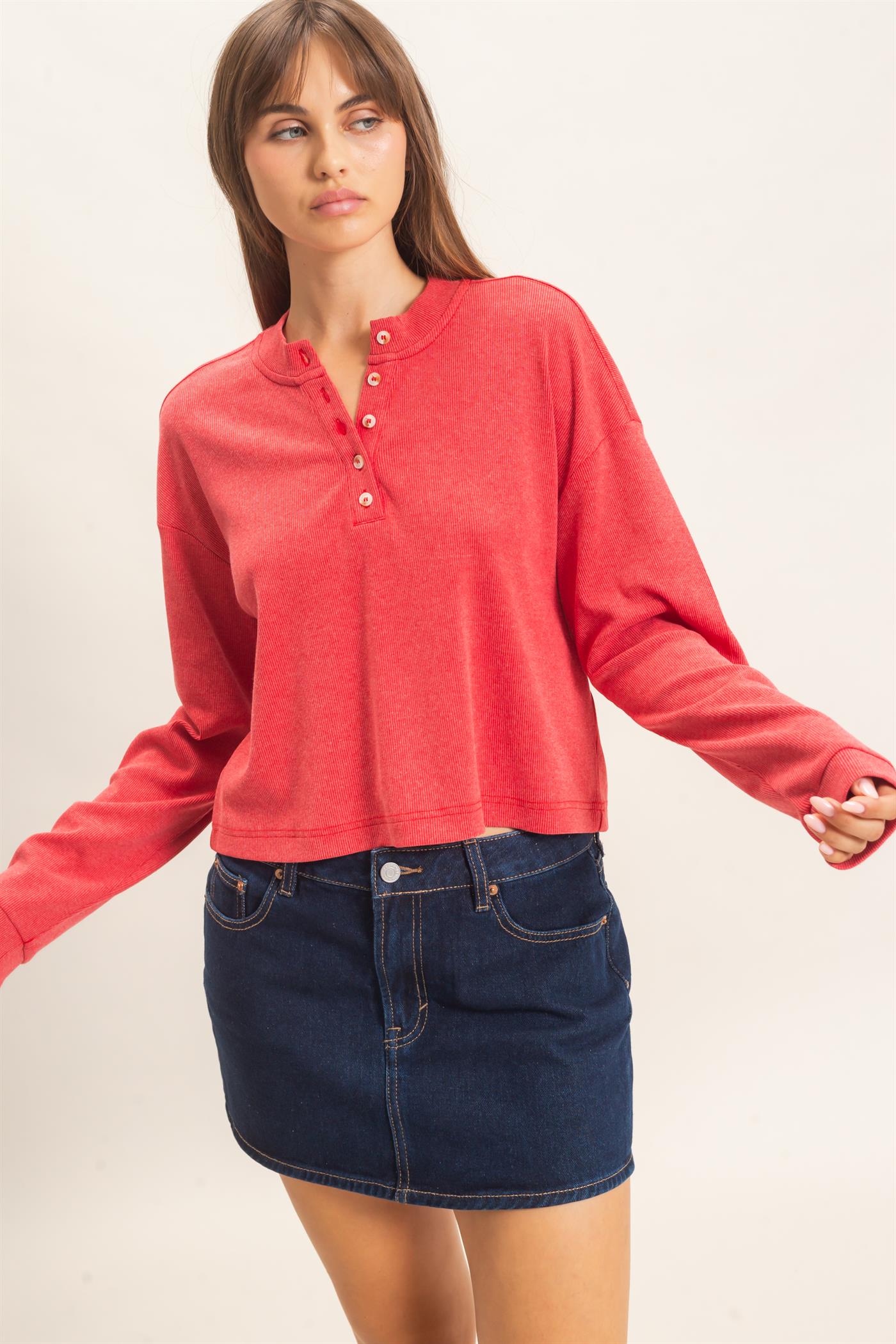 Wholesale Buttoned Henley Top Clothing Tops HF26F081 RED HYFVE
