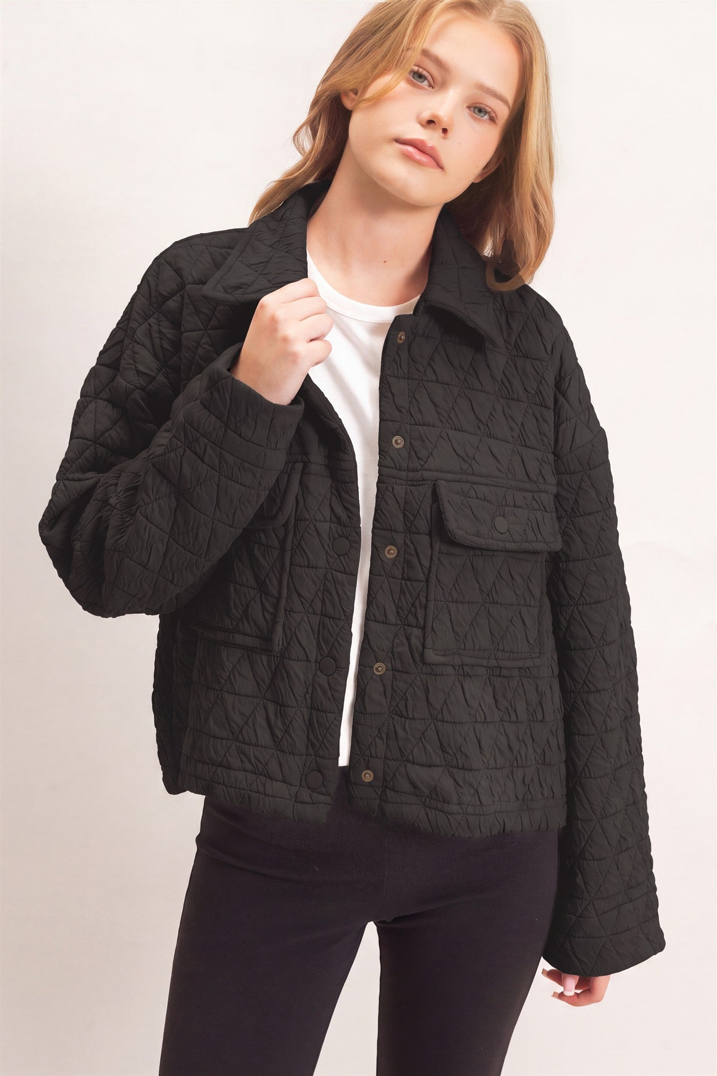 Wholesale Triangle Quilted Button-Up Jacket Coats & Jackets HF26F145 BLACK DOUBLE ZERO