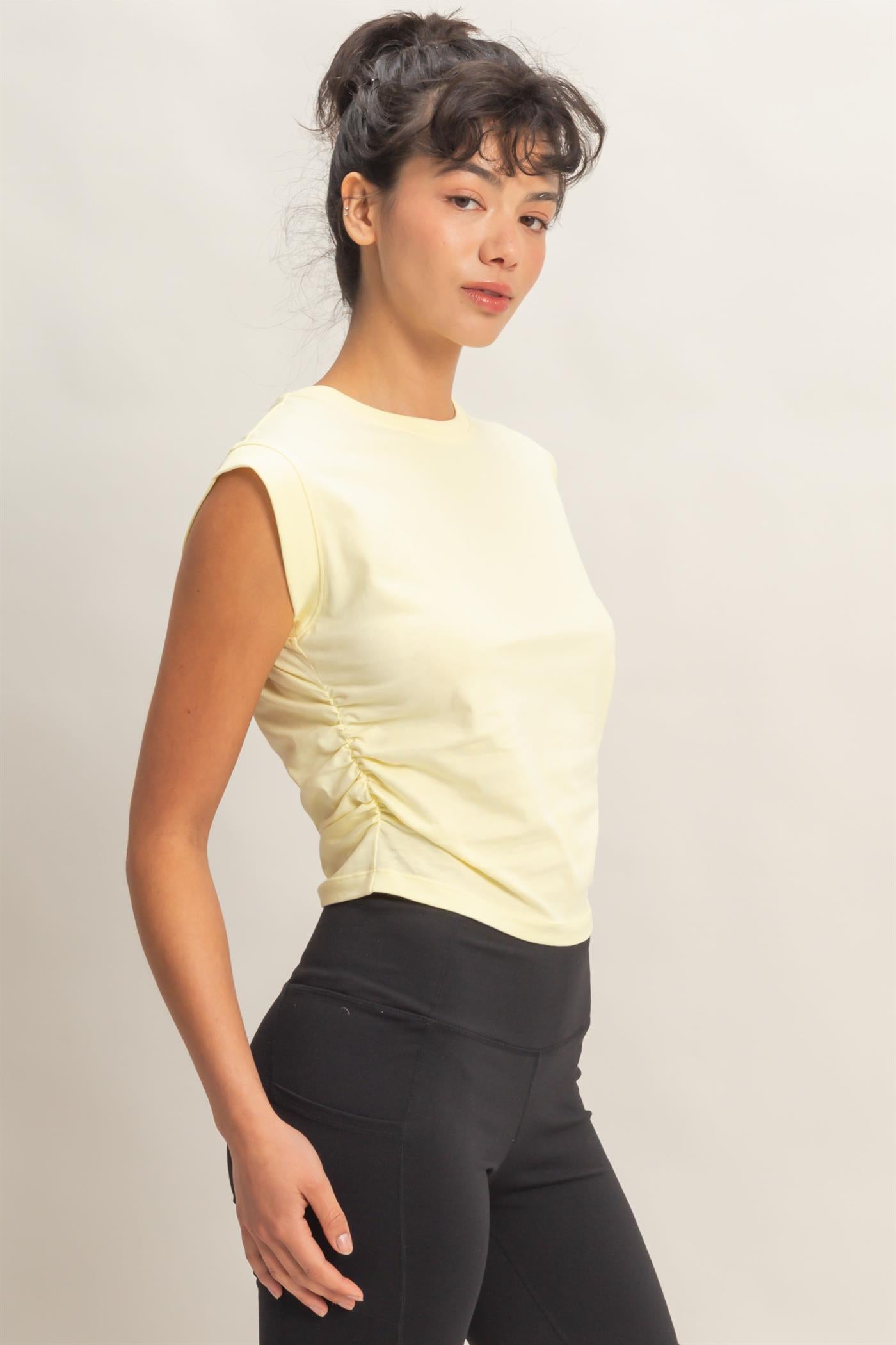 Wholesale Ruched Waist Sleeveless Cotton Top Clothing Tops DZ26C520 PALE YELLOW DOUBLE ZERO