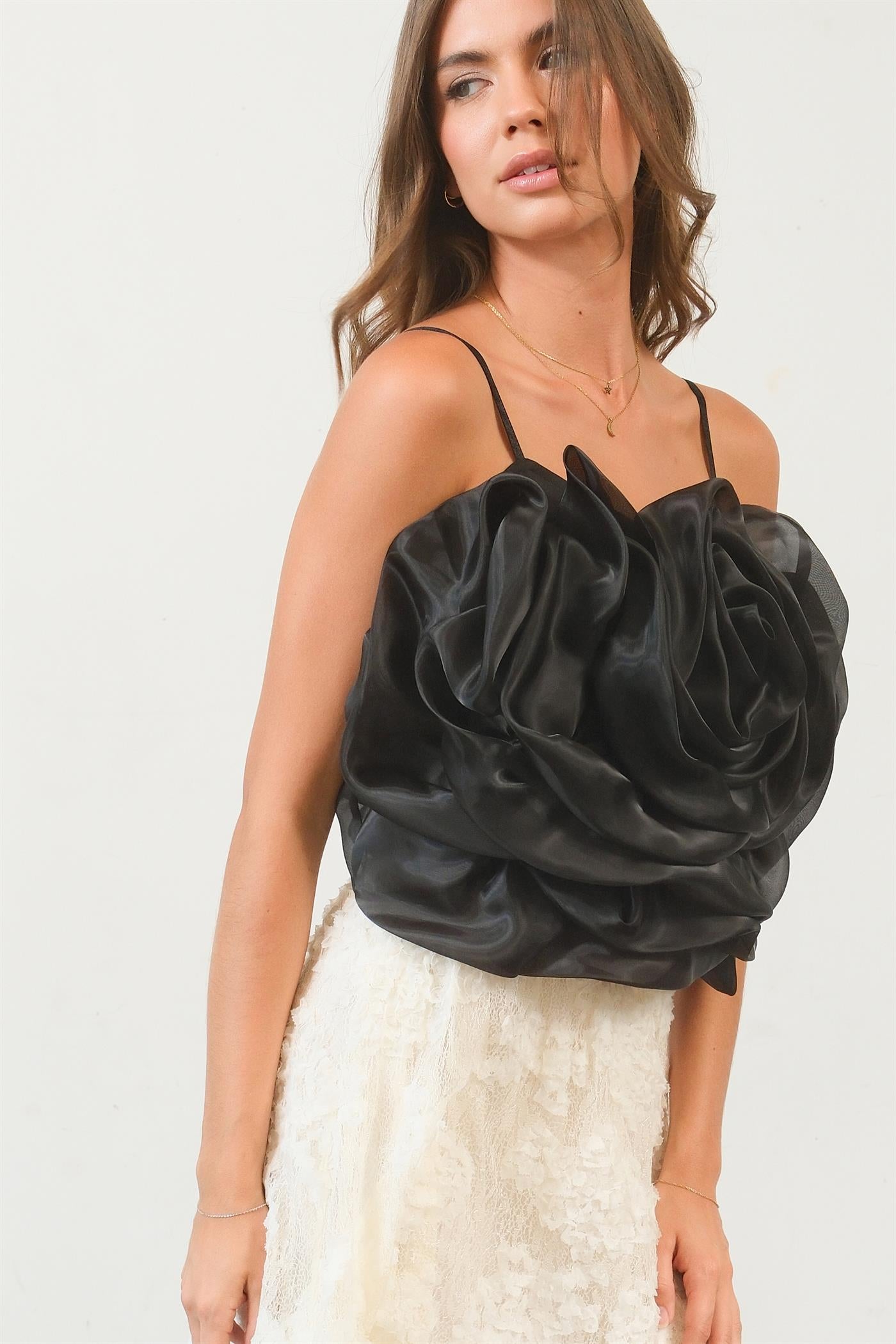 Wholesale 3D Flower Decor Cami Tank Top Clothing Tops HF24G115 BLACK HYFVE