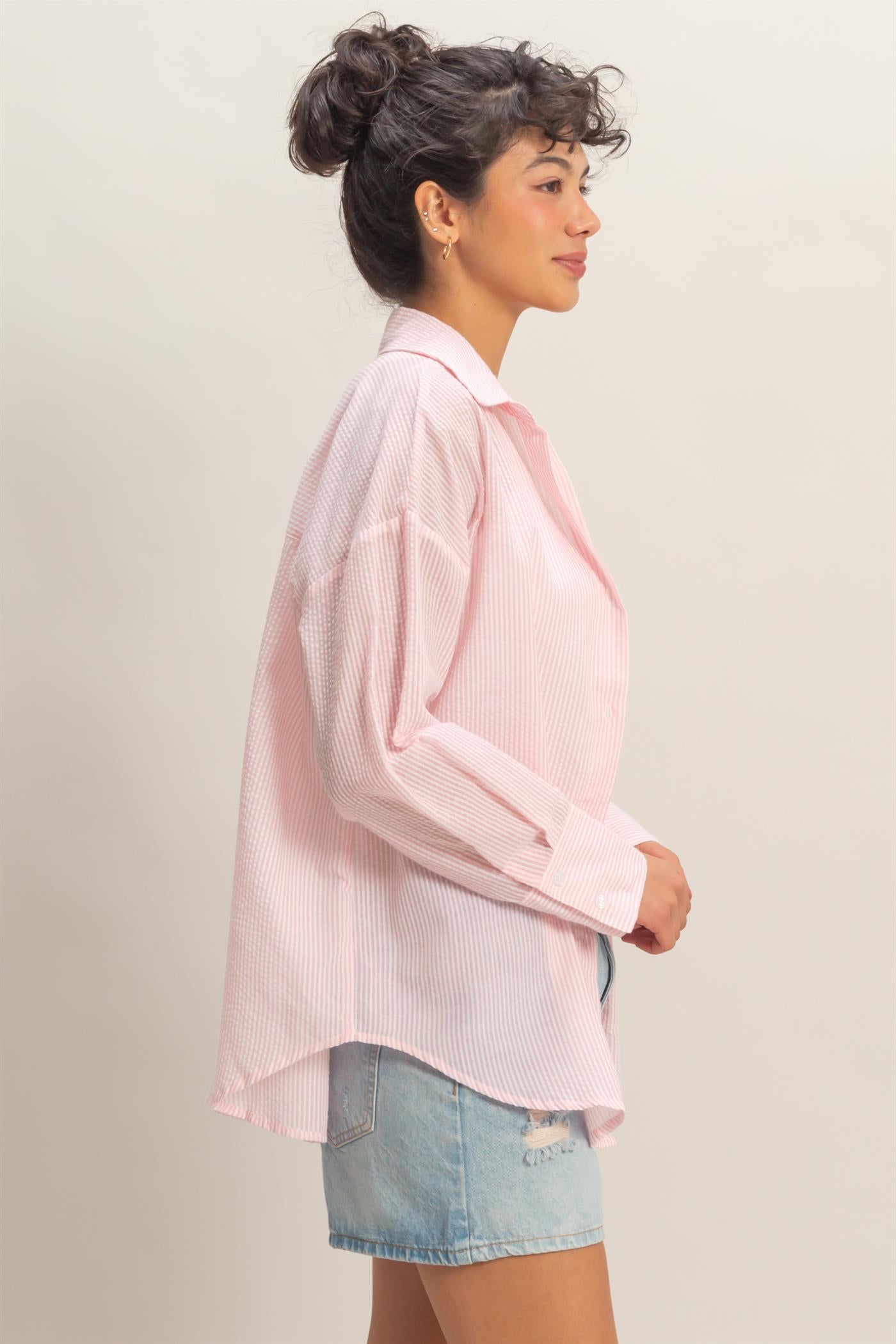 Wholesale Striped Button-Up Shirt Shirts DZ26A737 PINK DOUBLE ZERO