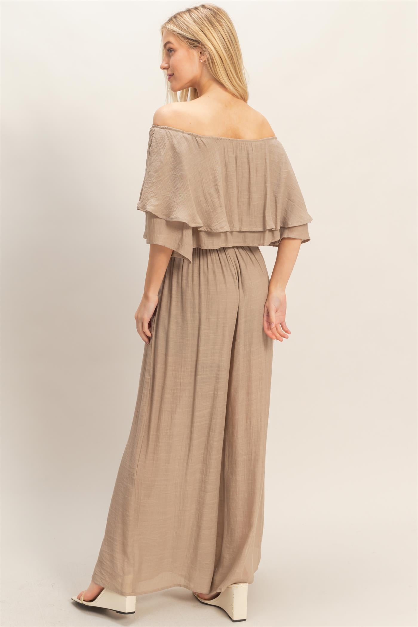 Wholesale Off Shoulder Top & Pleated Pant Set Clothing HF26C291-SET-D LIGHT MOCHA HYFVE