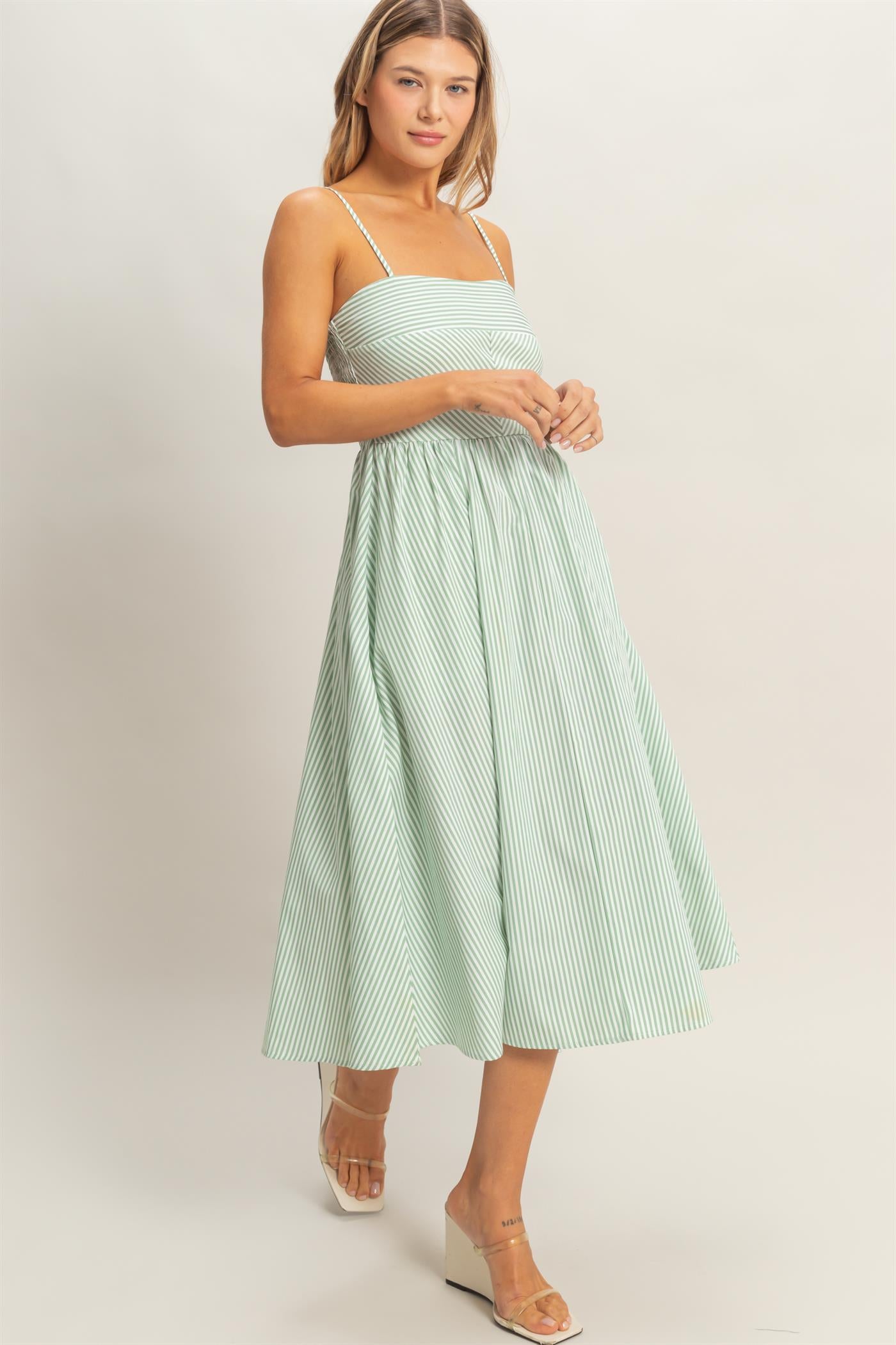 Wholesale Striped Spaghetti Strap Dress Dresses HF26A291-D SAGE GREEN HYFVE