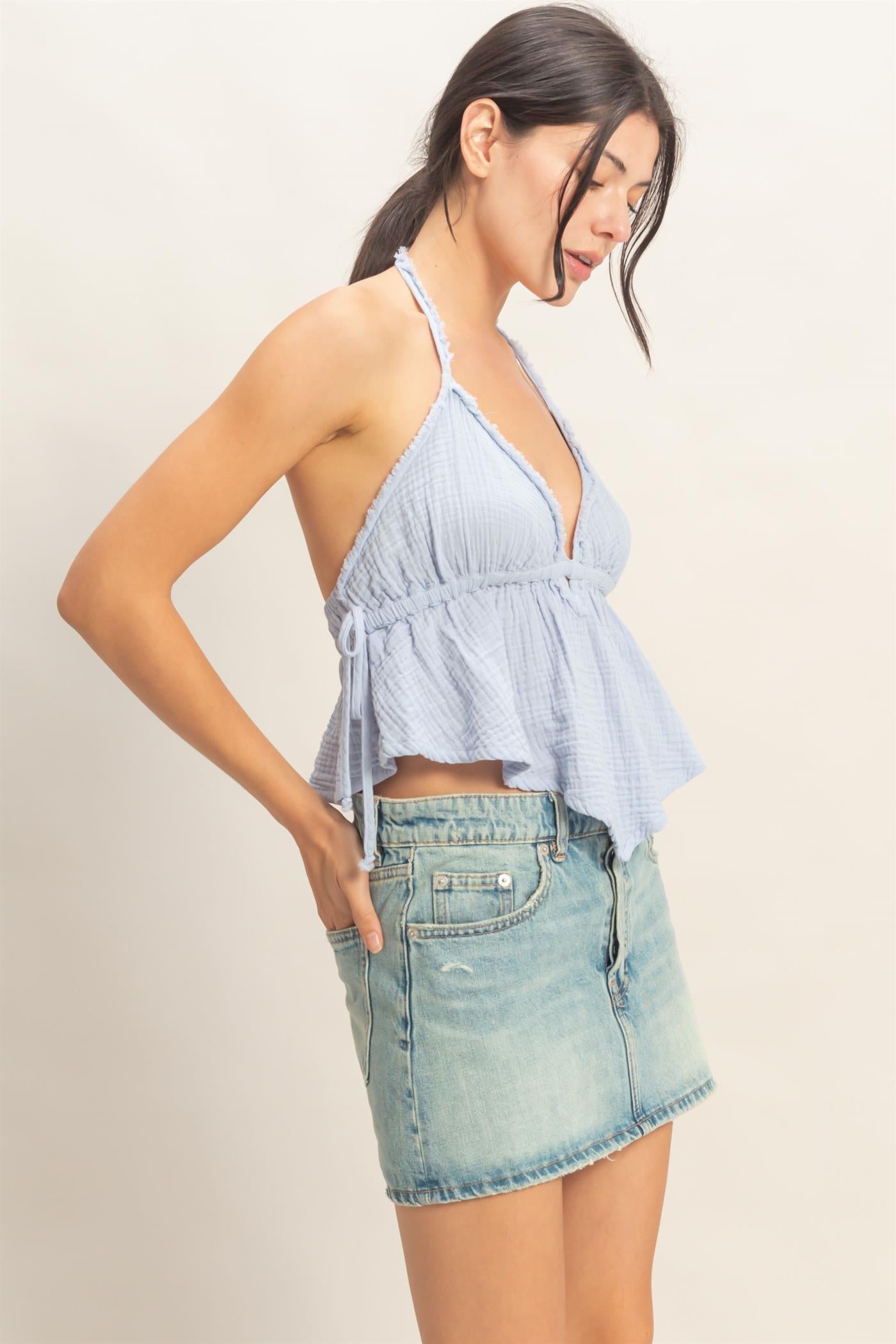 Wholesale Textured Halter Tie Waist Top Clothing Tops HF26C027 DUSTY BLUE HYFVE