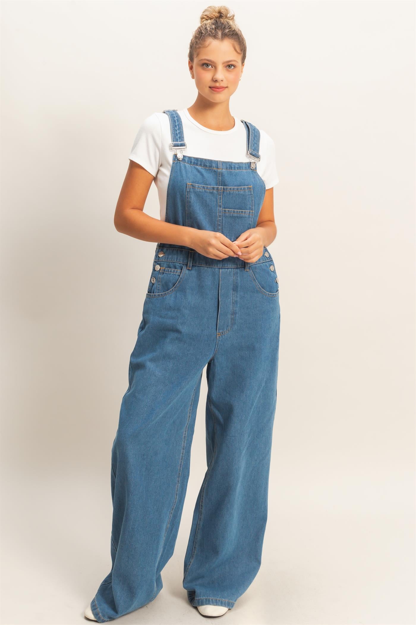 Wholesale Snow Wash Denim Overalls Clothing HF26C185 MEDIUM BLUE HYFVE