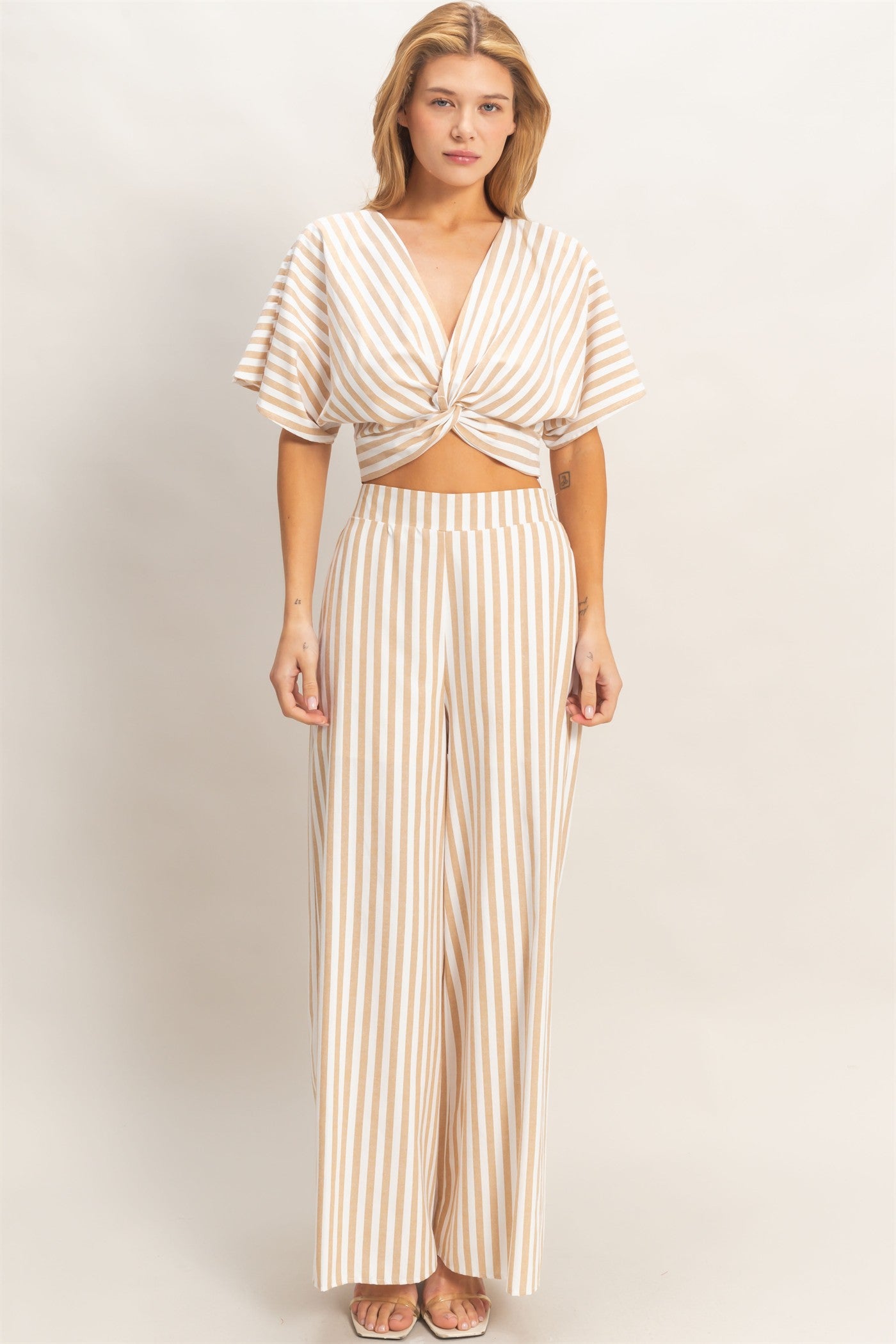 Wholesale Striped Twist Front Top & Pants Clothing HF26A692-SET TAUPE DOUBLE ZERO