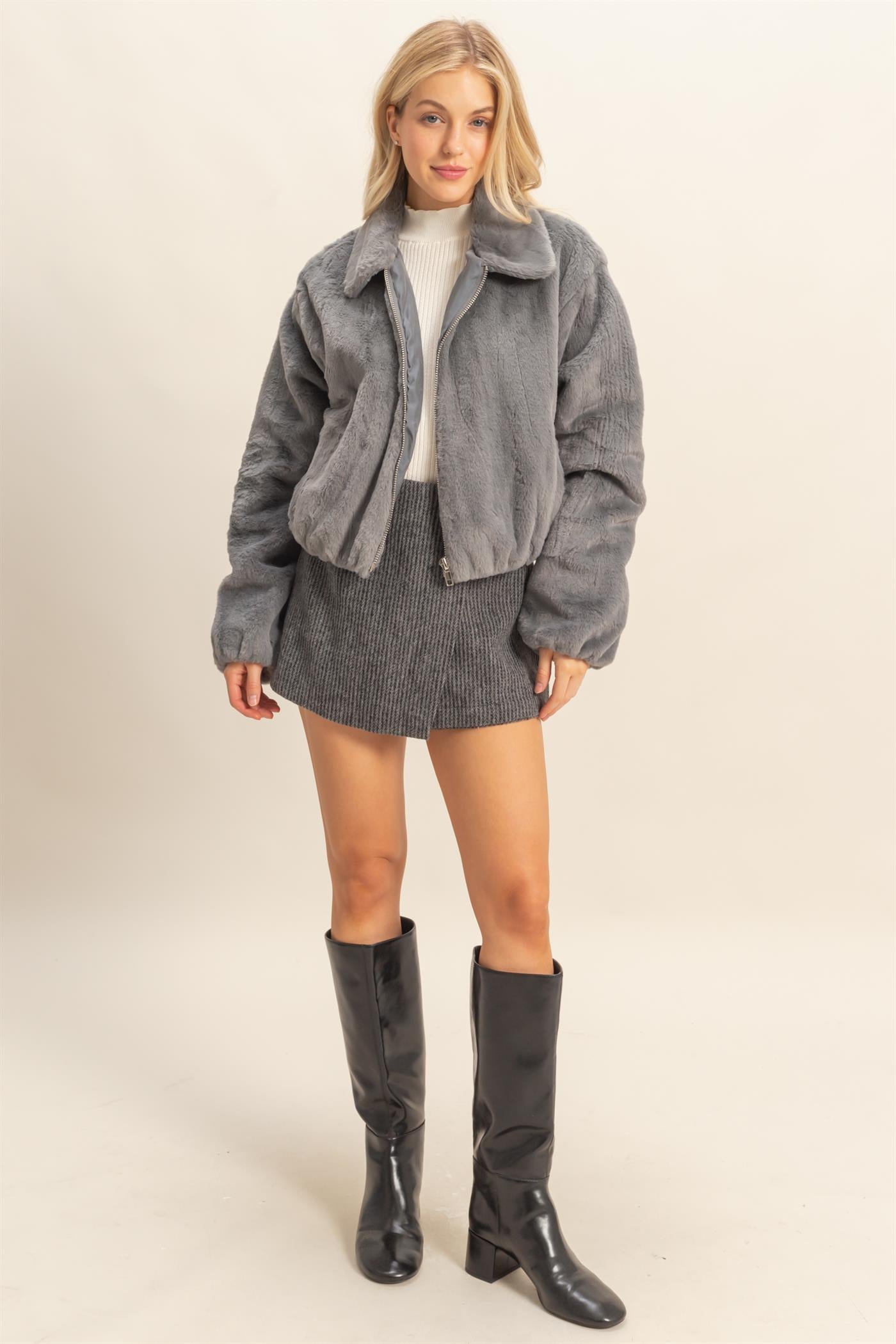 Wholesale Faux Fur Zip Up Jacket With Plush Collar Coats & Jackets HF25E940 GRAY BLUE HYFVE