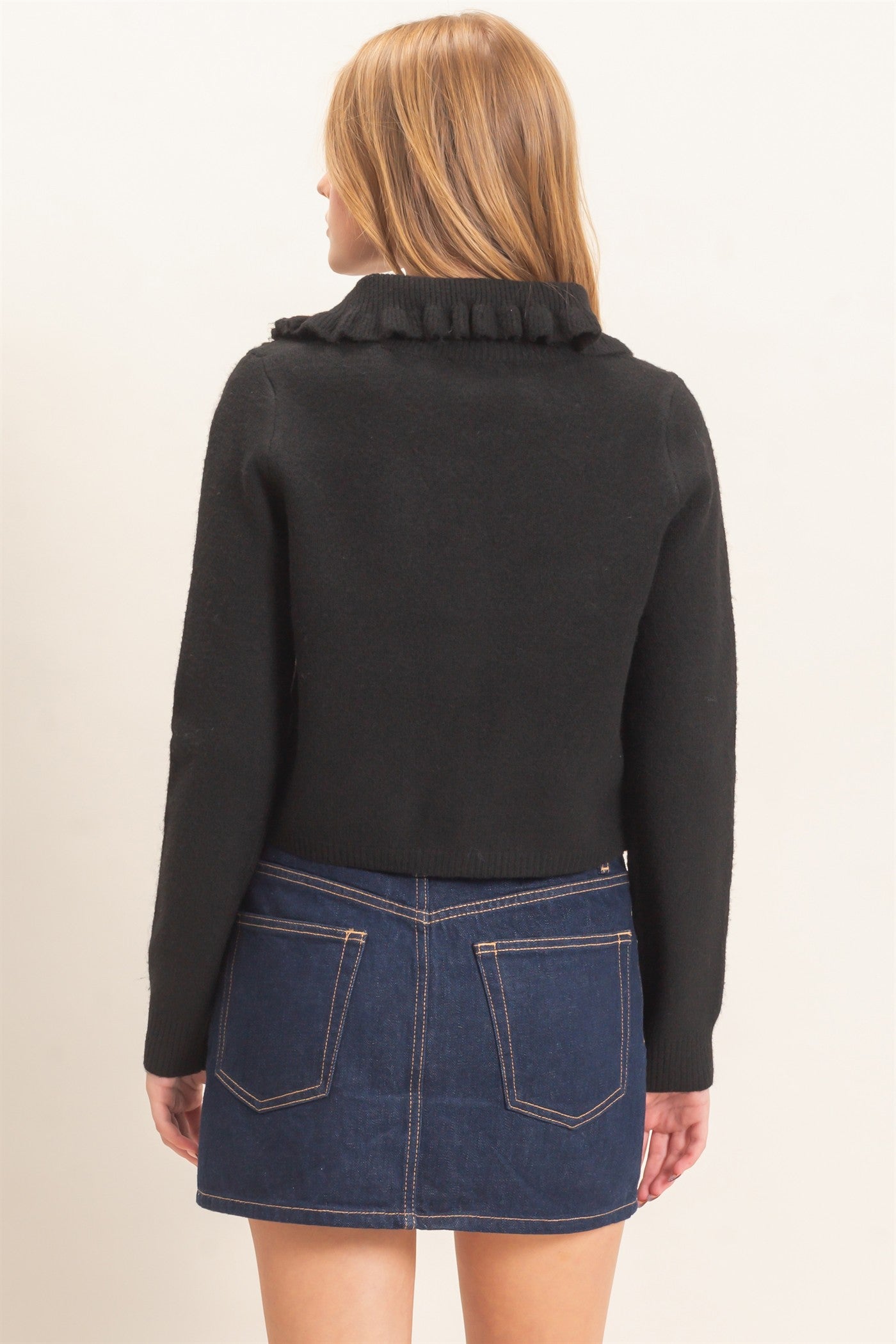 Wholesale Ruffled Collar Knit Cardigan Cardigans HF26E162-D BLACK HYFVE