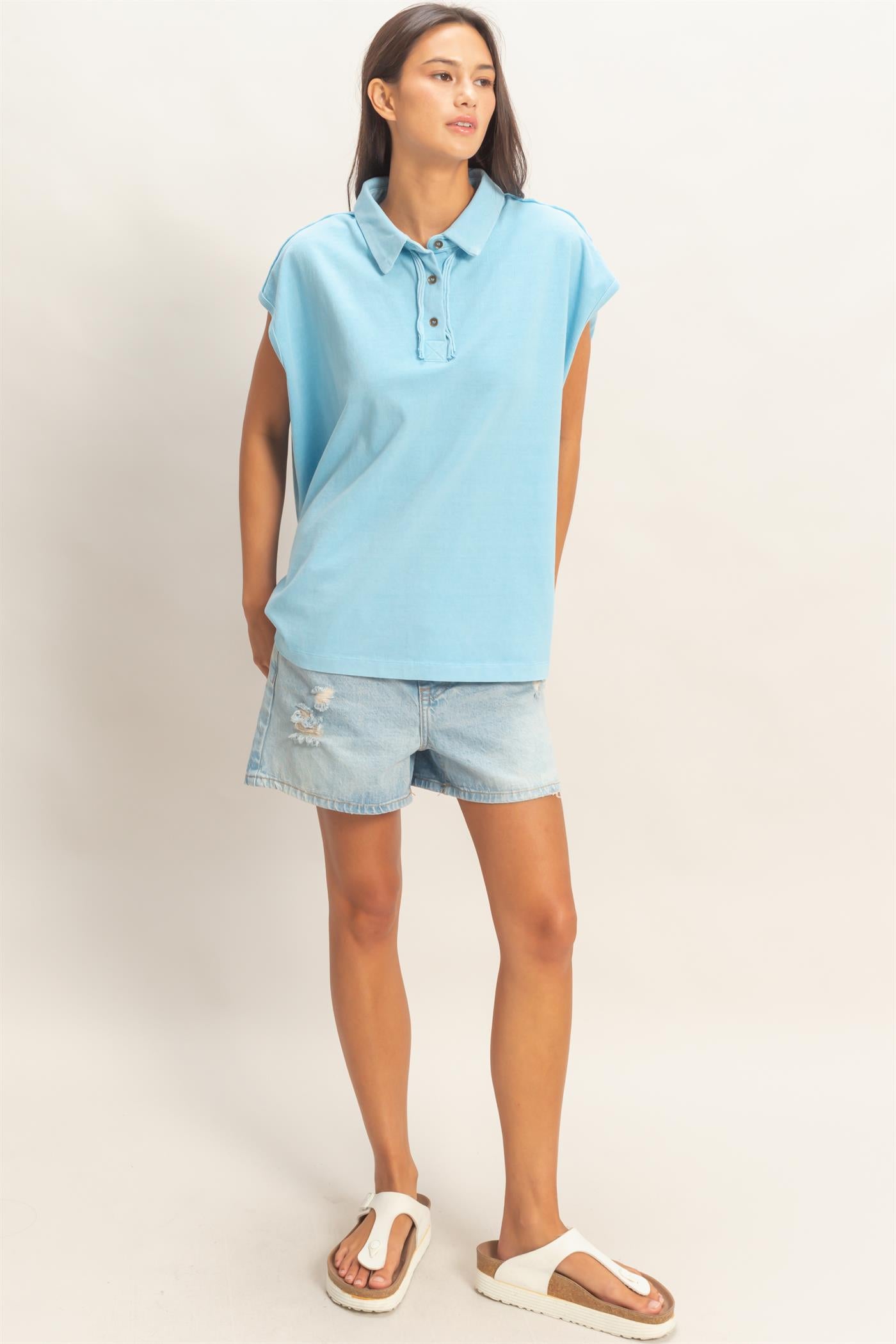 Wholesale Pigment Dye Sleeveless Polo Oversized Top Clothing Tops DZ26C618 BLUE DOUBLE ZERO
