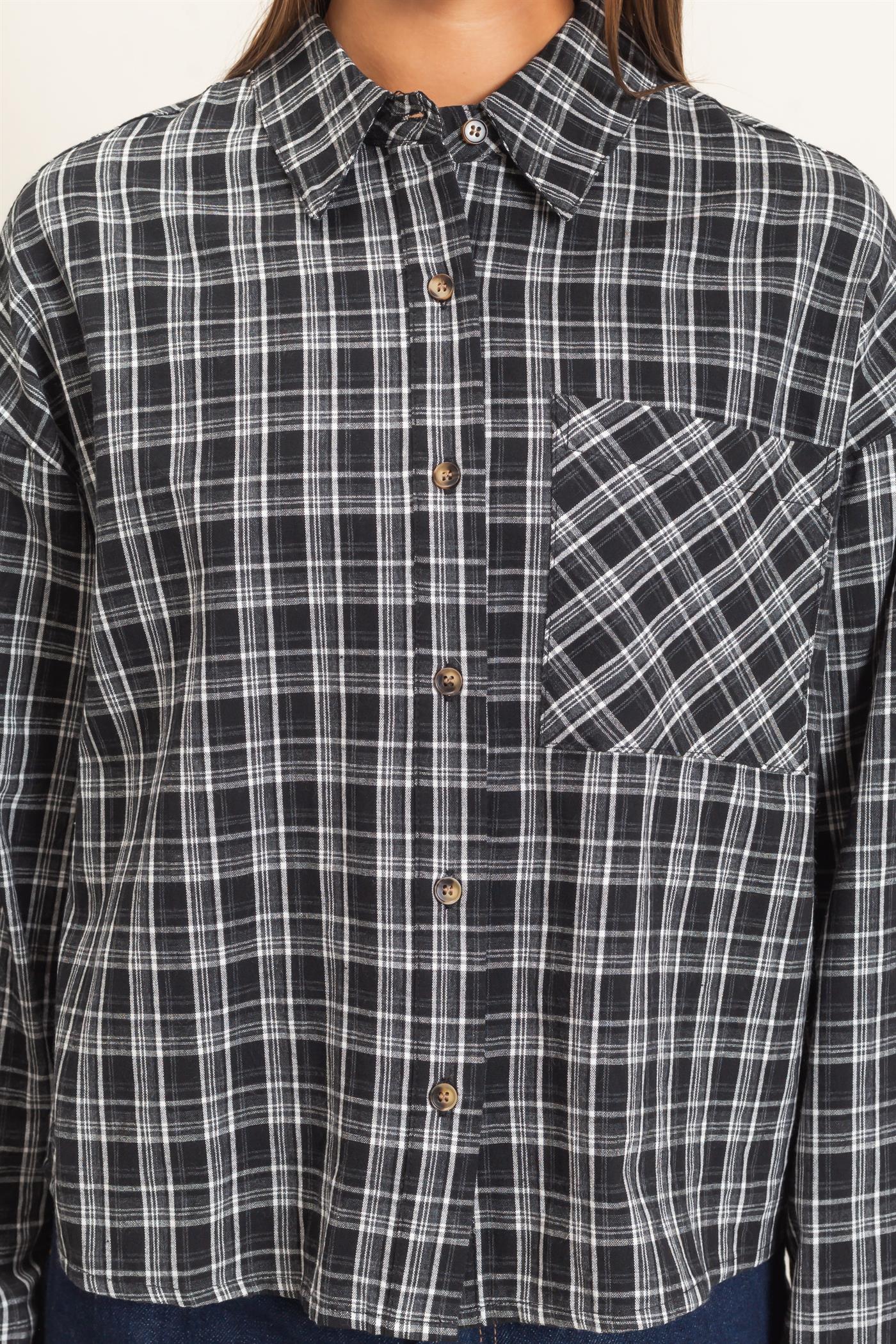 Wholesale Plaid Button-Up Shirt Clothing Tops DZ26E395 BLACK DOUBLE ZERO