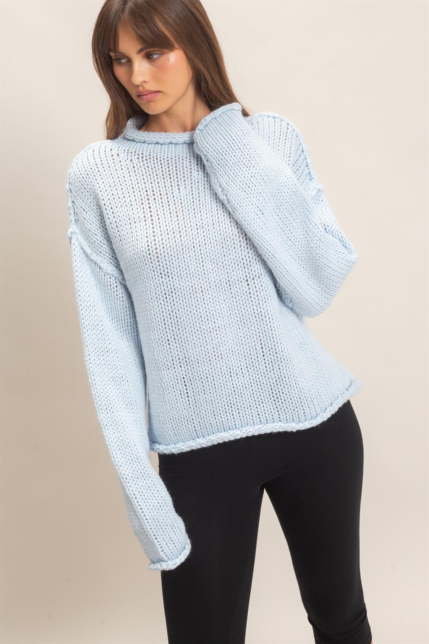 Wholesale Rolled Collar Loose Knit Sweater Sweaters HF26C859 LIGHT BLUE HYFVE