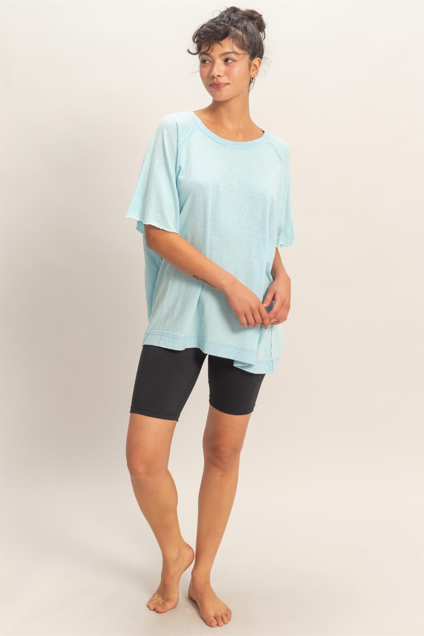 Wholesale Acid Washed Oversized Raw Edges Raglan Tee T-Shirts DZ26A333 BLUE DOUBLE ZERO