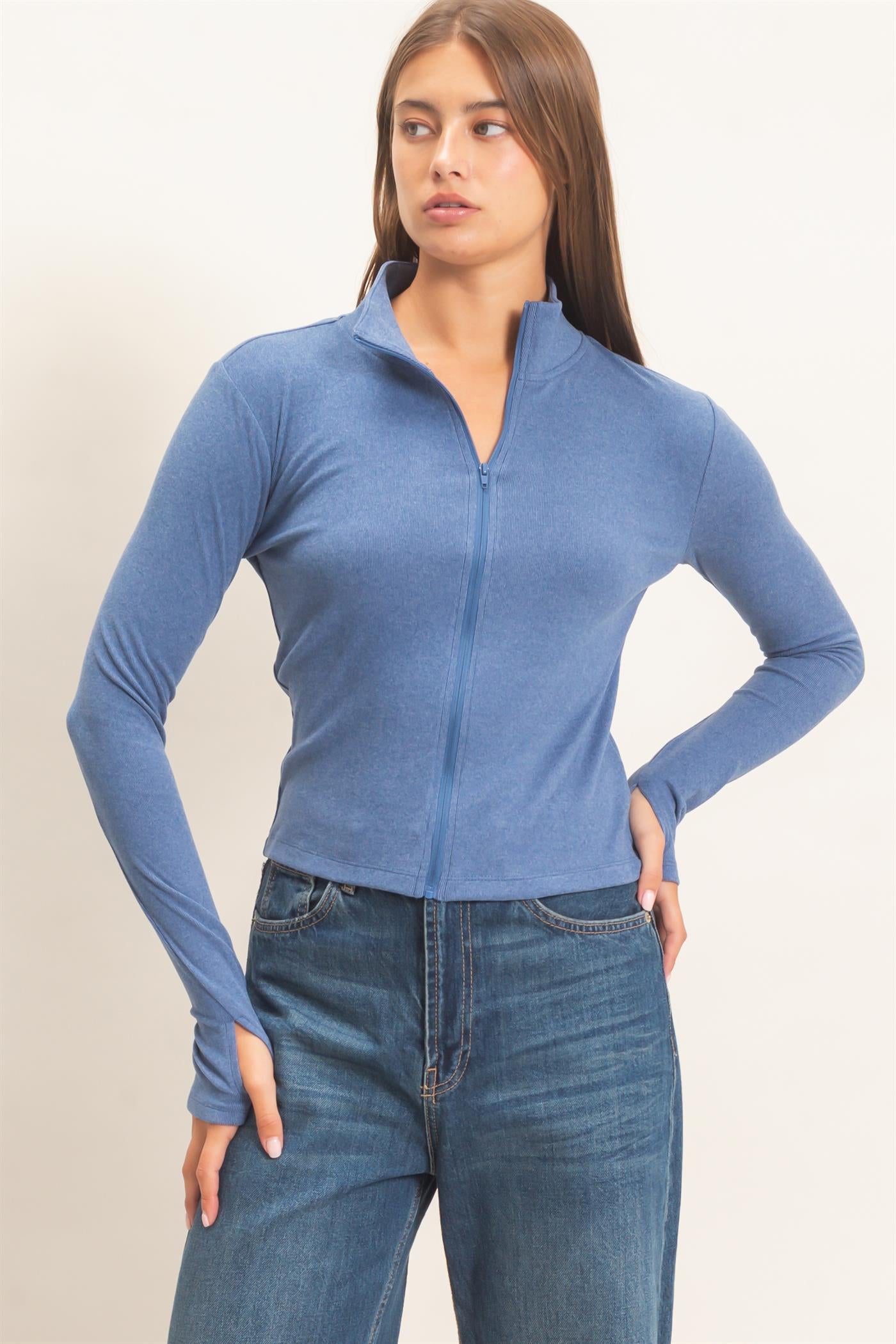 Wholesale Mock Neck Long Sleeve Zip Up Top Clothing Tops DZ26E911 NAVY DOUBLE ZERO