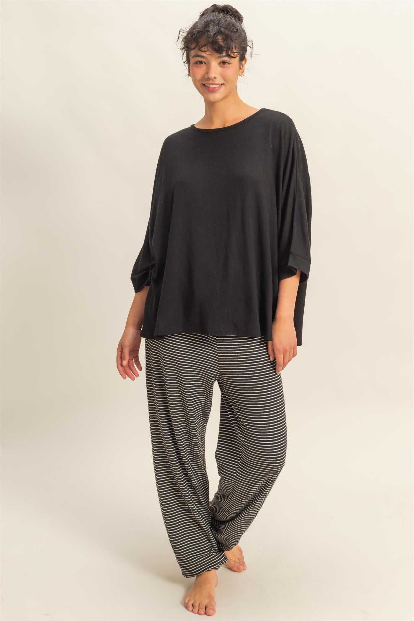 Wholesale Batwing 3/4 Sleeve Oversized Top Clothing Tops DZ25E133 BLACK DOUBLE ZERO