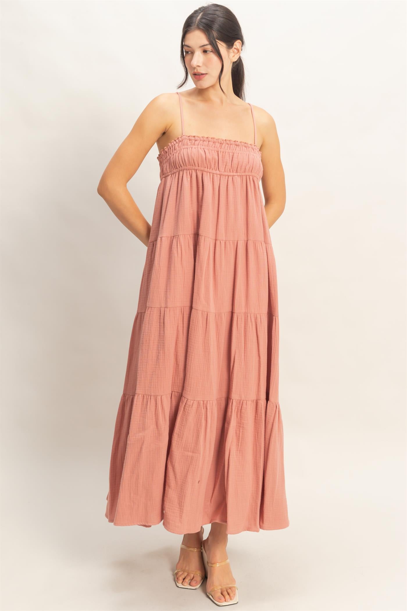 Wholesale Smocked Tiered Maxi Dress Dresses HF26C303 CLAY HYFVE