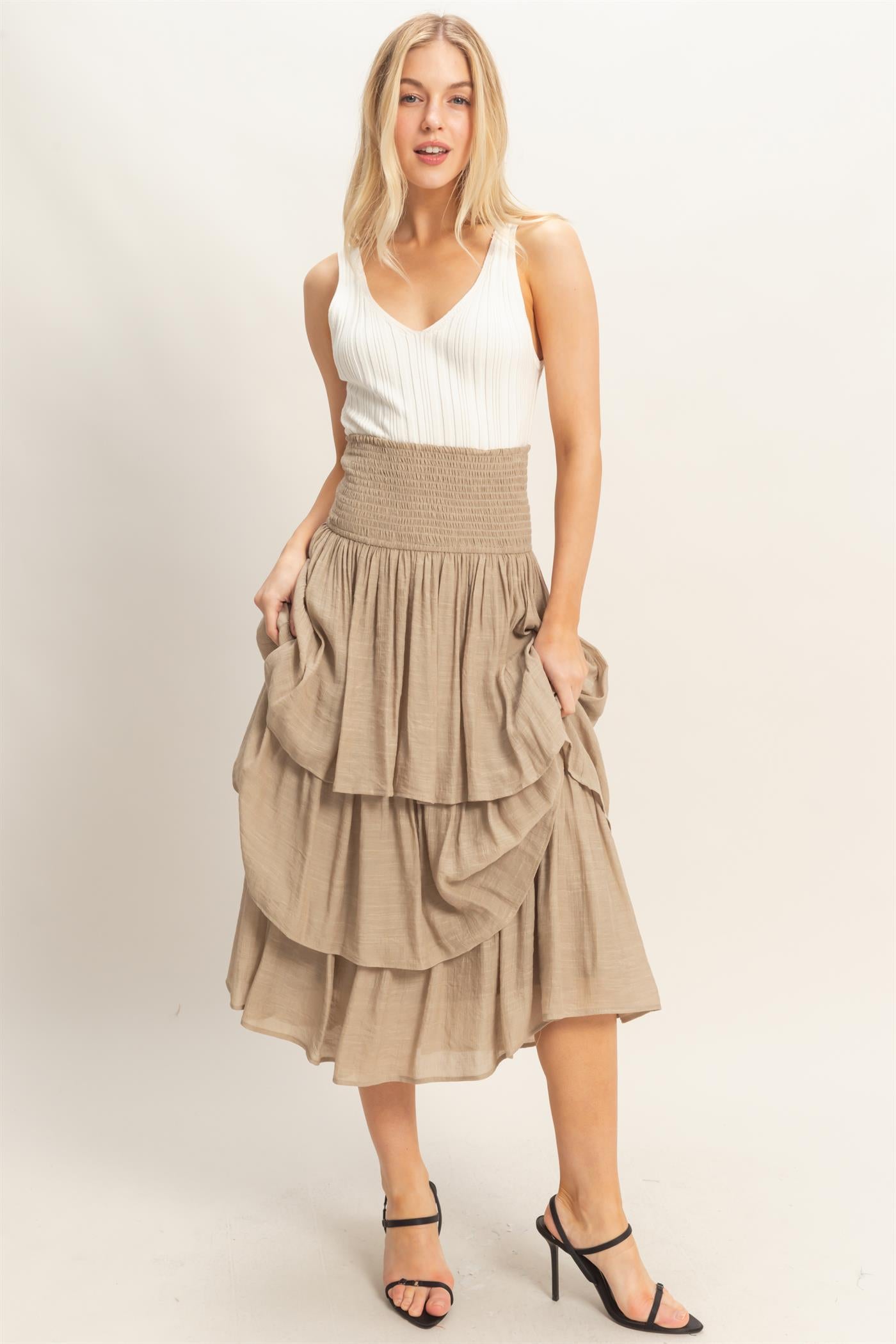 Wholesale Tiered Smocked Waist Skirt Skirts HF26C188-D TAUPE HYFVE