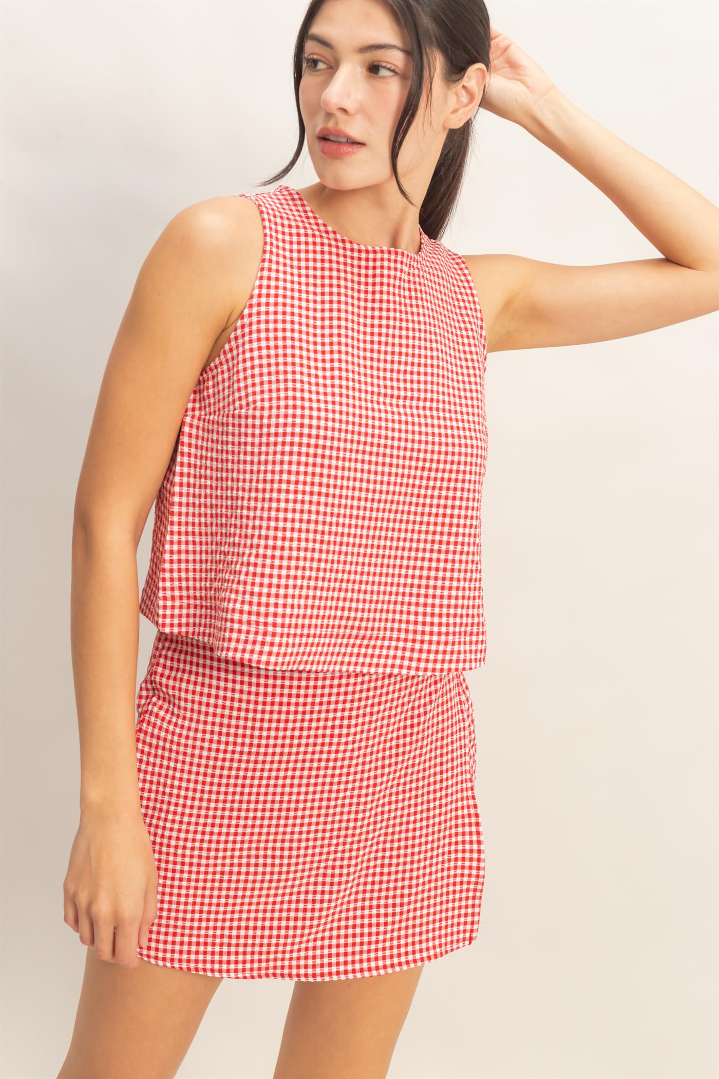 Wholesale Gingham Checkered Sleeveless Top And Skort Set Clothing DZ26C688-SET RED DOUBLE ZERO