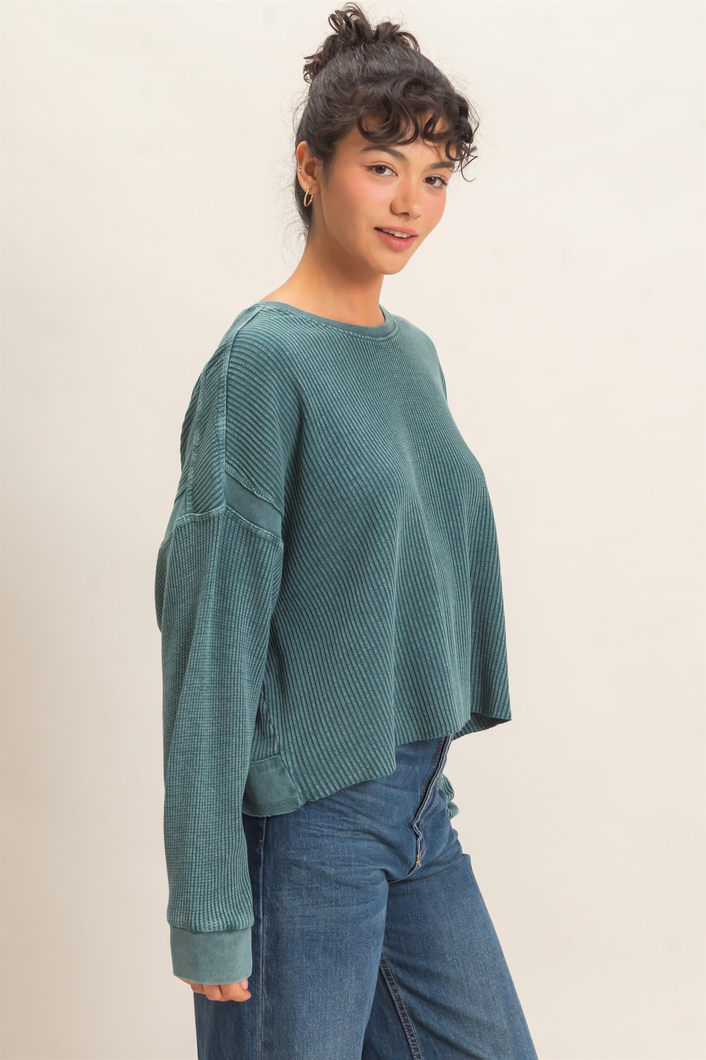 Wholesale Mineral Wash Waffle Open Back Top Clothing Tops DZ26C964 DARK TEAL DOUBLE ZERO