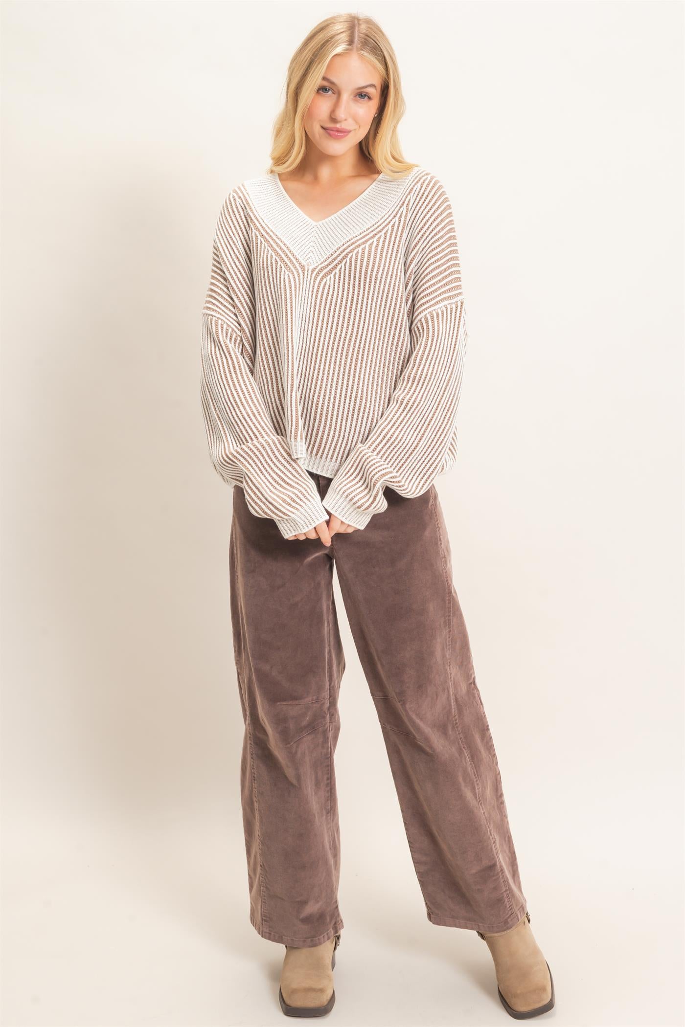 Wholesale Striped V-Neck Ribbed Sweater Sweaters HF26F202 TAUPE HYFVE