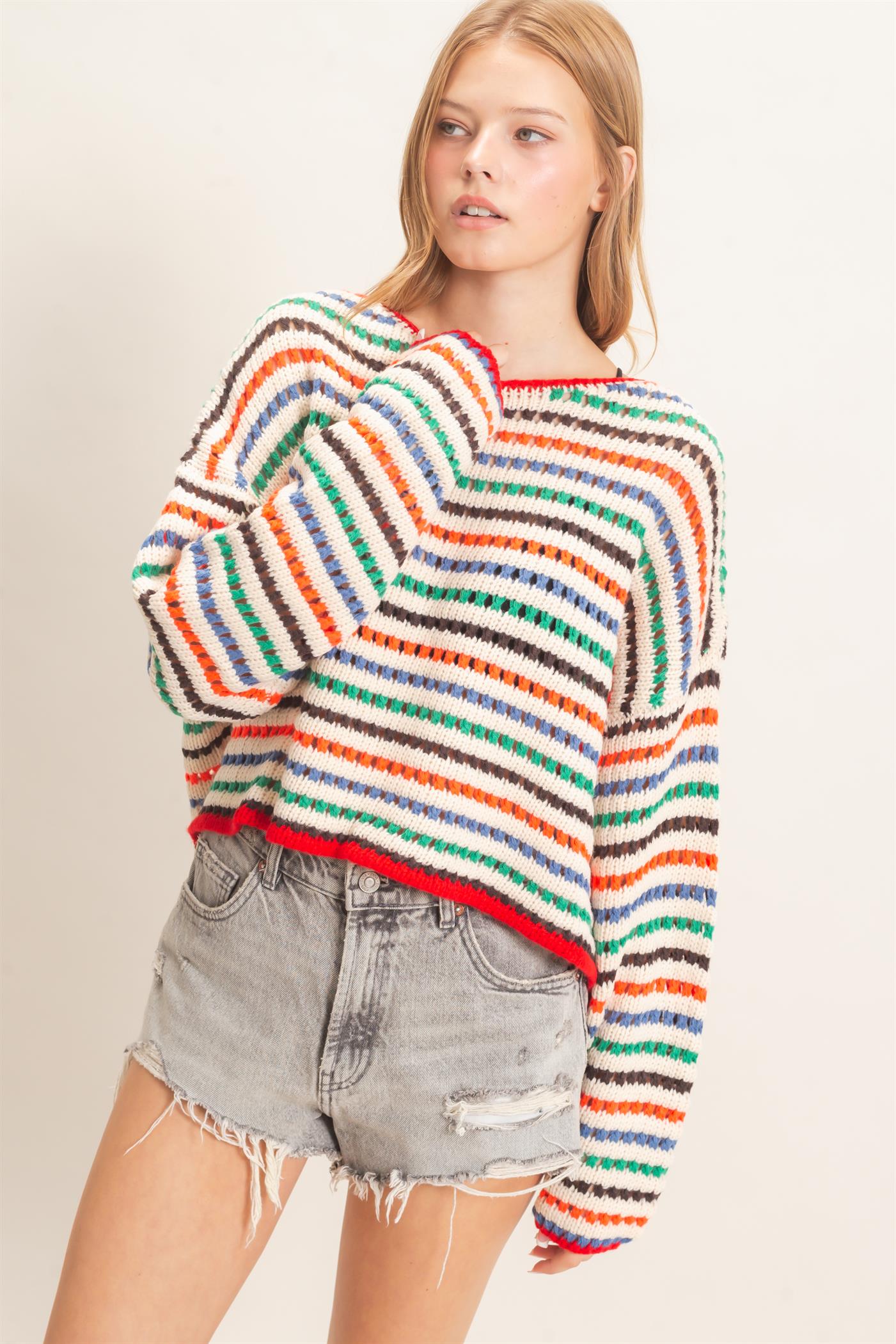 Wholesale Striped Knit Sweater Sweaters HF26F189 CREAM HYFVE