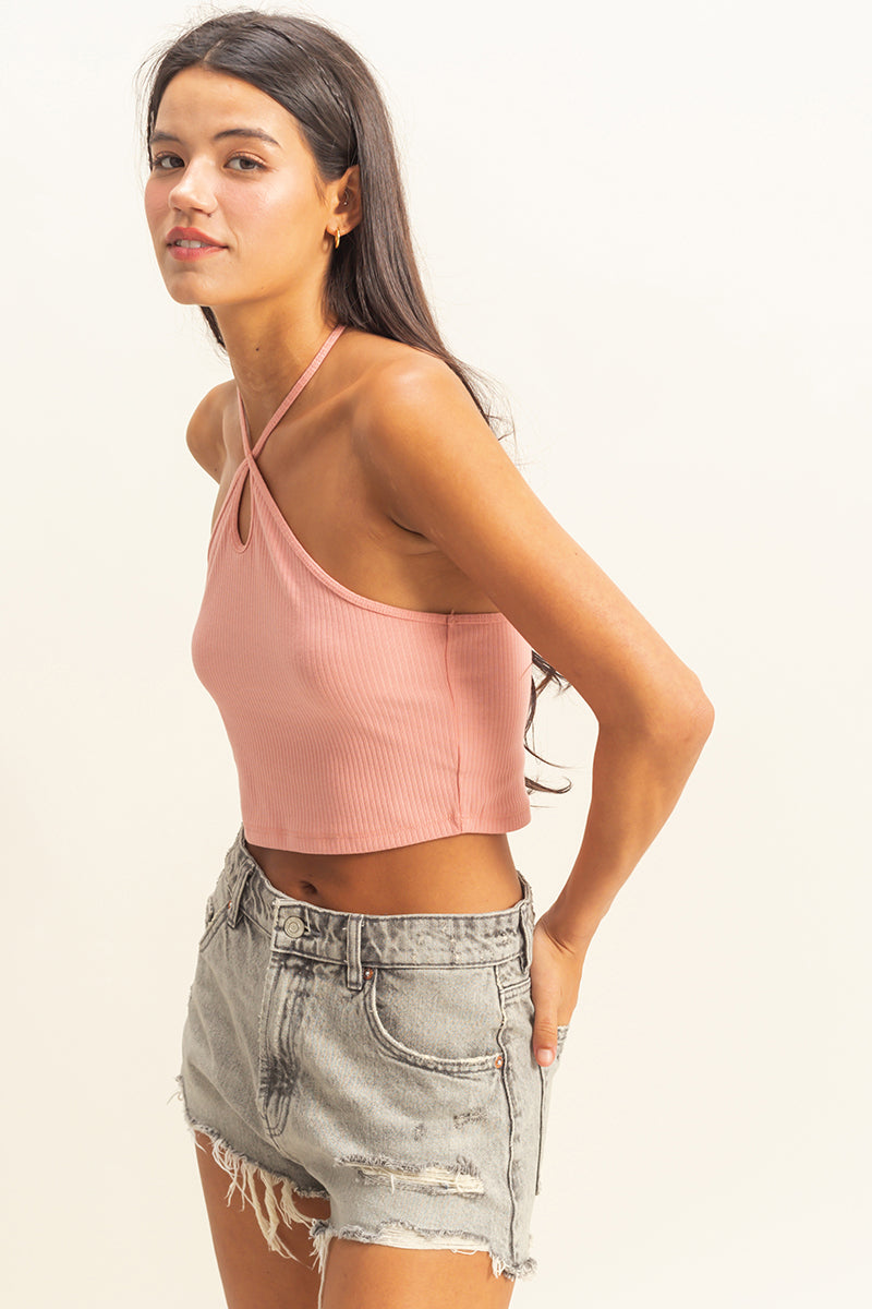 Wholesale Halter Cutout Crop Top Clothing Tops DZ22E149 TEAK ROSE DOUBLE ZERO