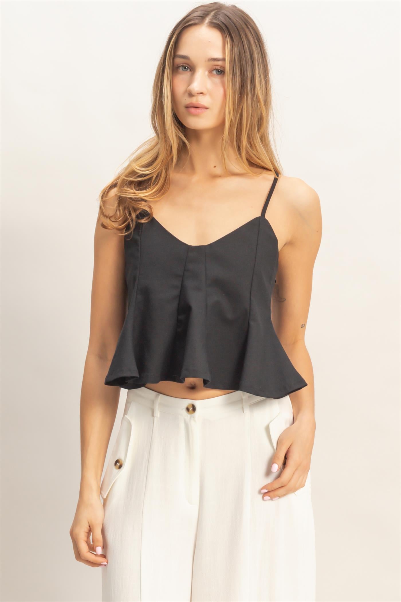 Wholesale Spaghetti Strap Peplum Top Blouses HF26A613 BLACK HYFVE