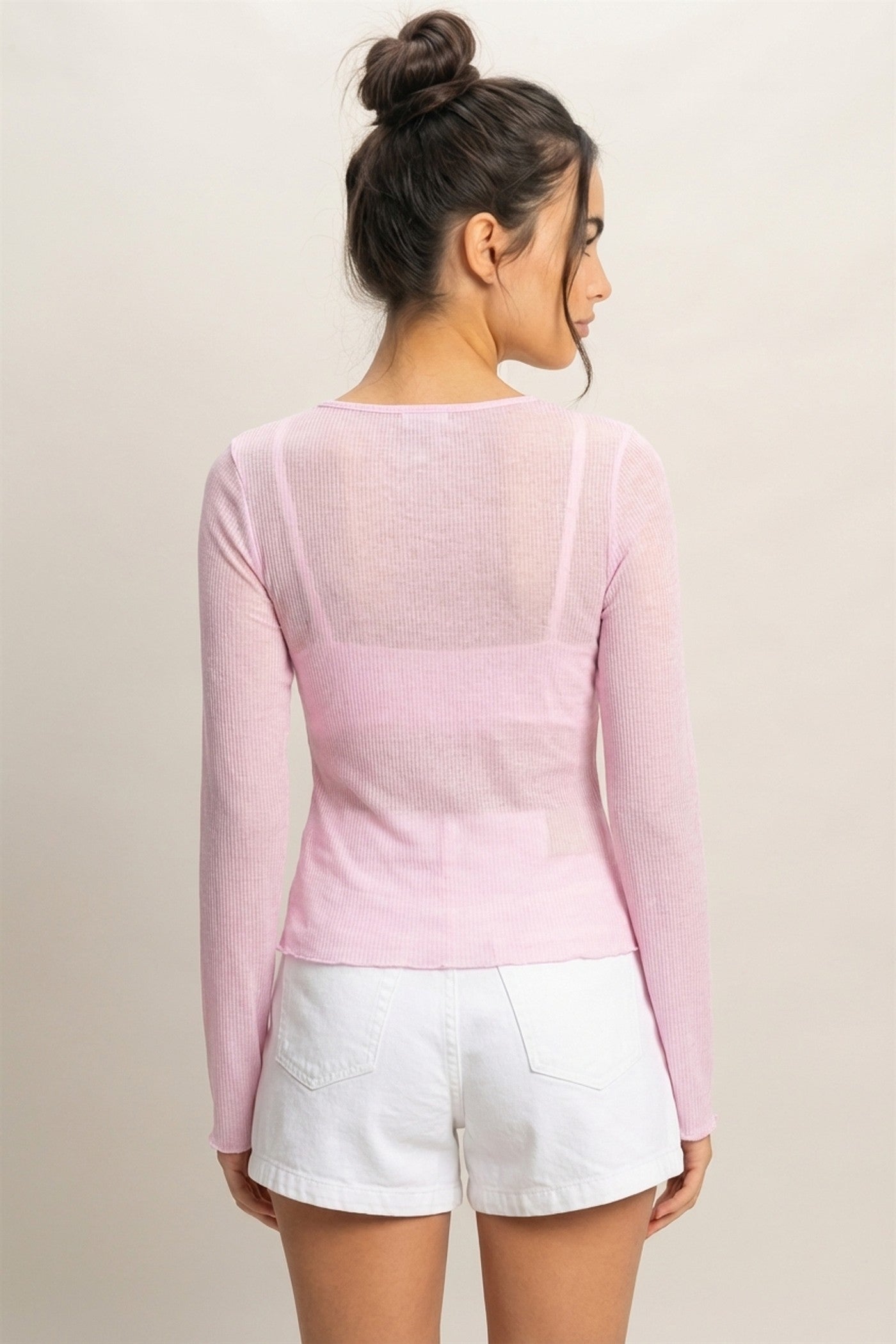 Wholesale Ribbed Long Sleeve Top Clothing Tops DZ24C196 PALE PINK DOUBLE ZERO