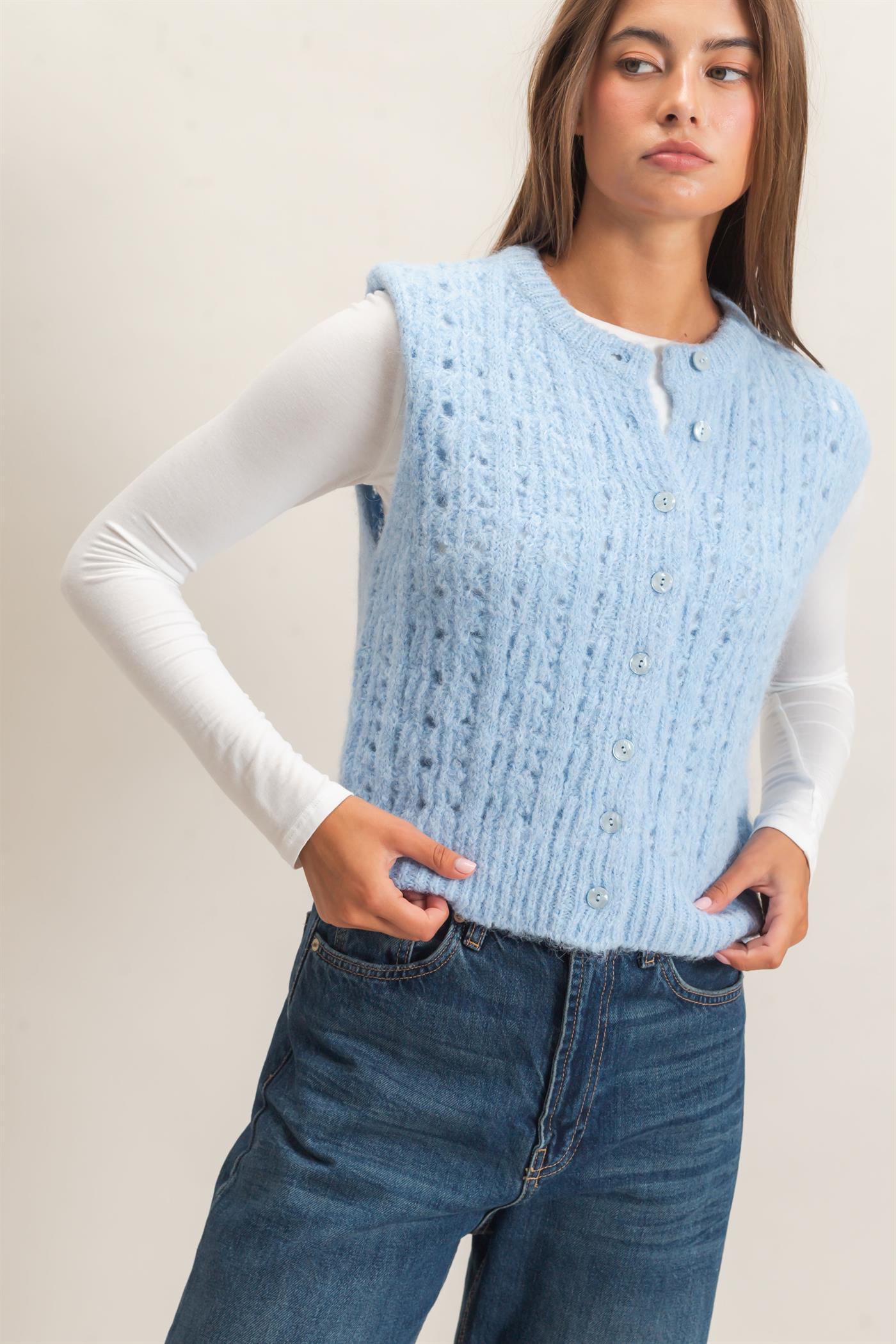 Wholesale Open Knit Sleeveless Button Front Sweater Vest Sweaters DZ26A829 ICE BLUE DOUBLE ZERO