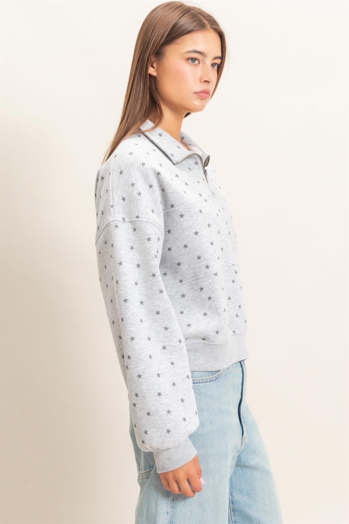 Wholesale Star Print Half Zip Sweatshirt Sweatshirts DZ26E245 HEATHER GRAY DOUBLE ZERO