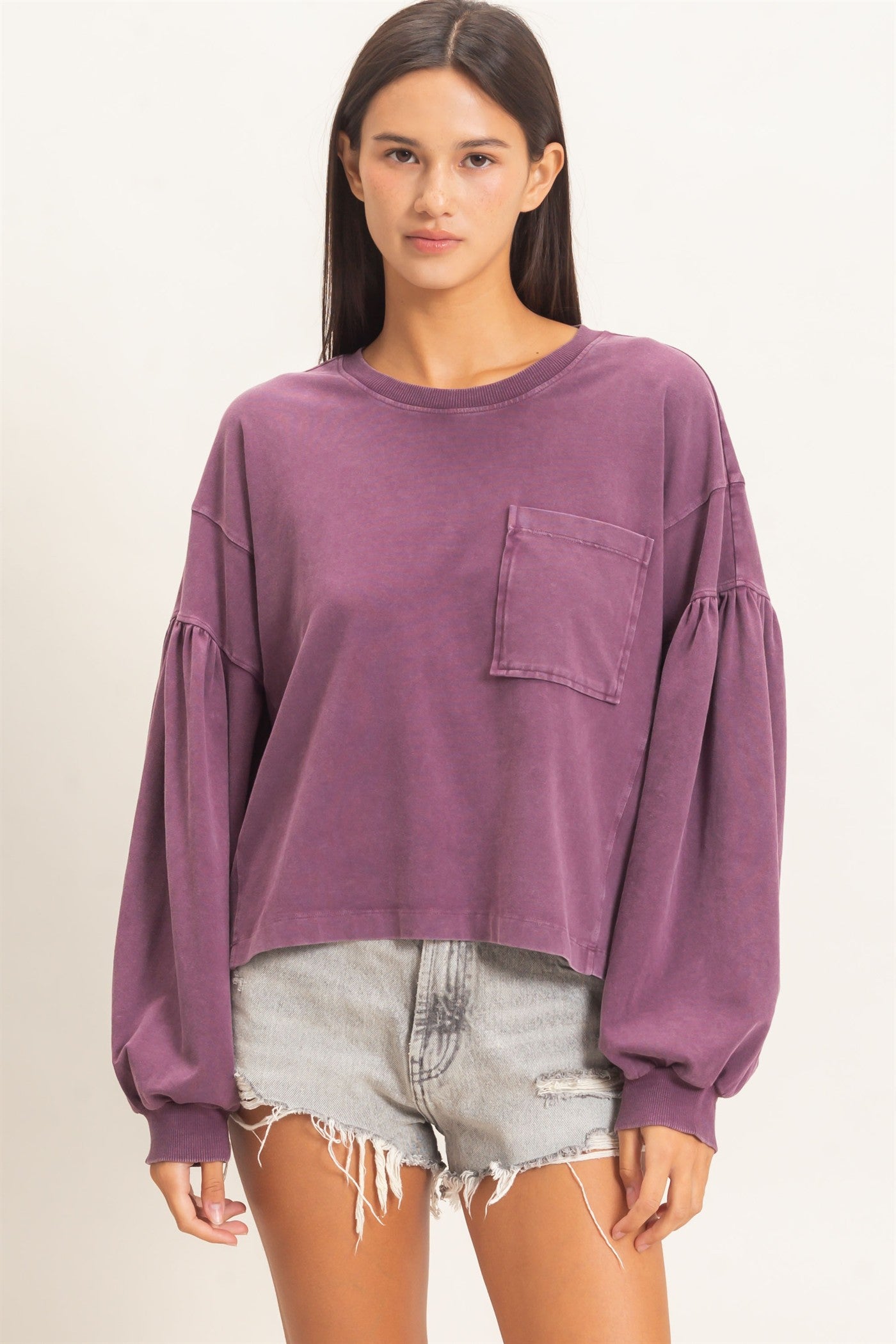 Wholesale Mineral Wash Puff Long Sleeve Boxy Top Clothing Tops DZ26F402 DARK CHERRY DOUBLE ZERO
