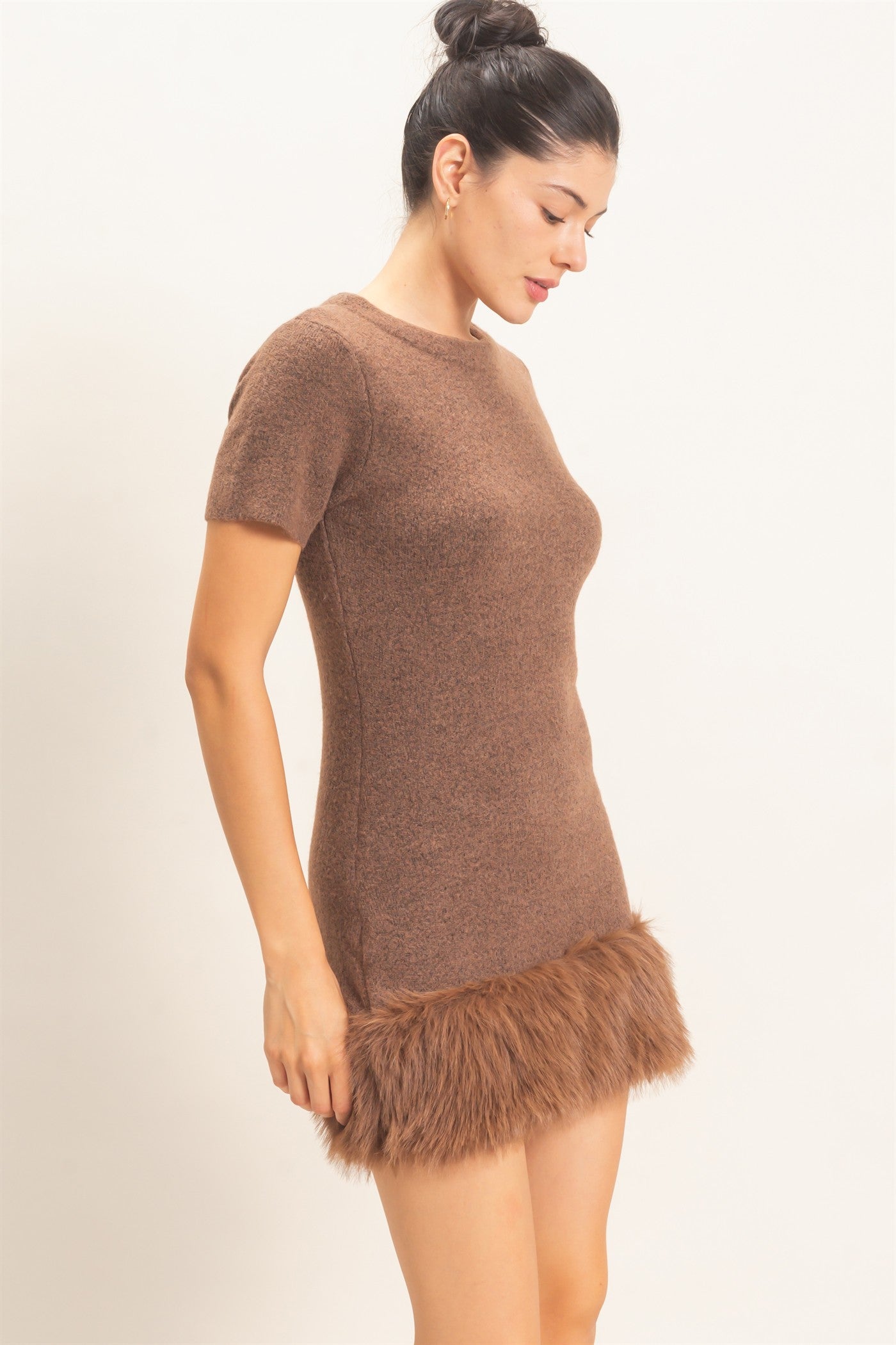 Wholesale Faux Fur Trim Knit Dress Dresses HF26E785-D BROWN HYFVE