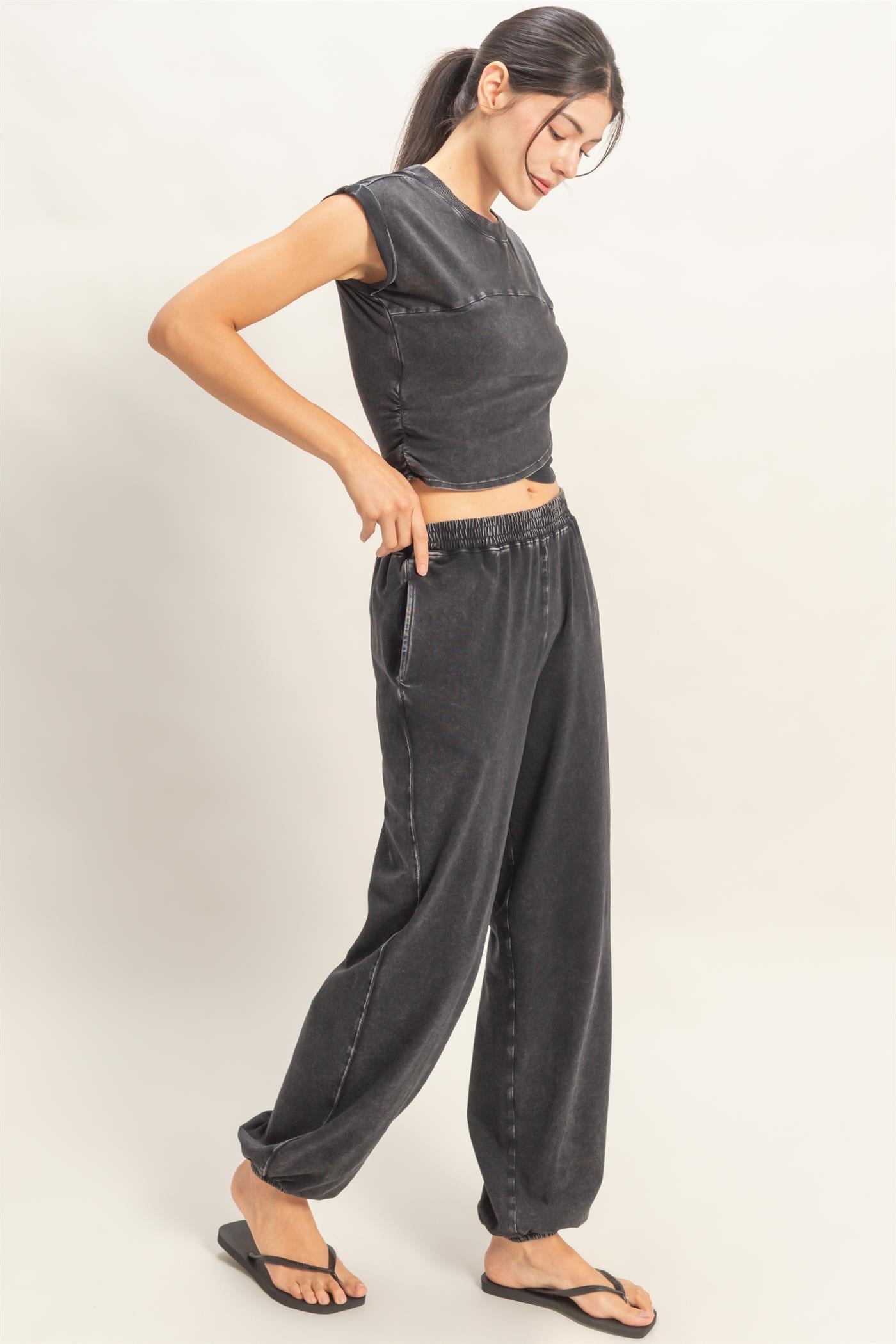 Wholesale Rolled Sleeve Wrap-Front Crop Top And Jogger Set Clothing DZ26A172-SET BLACK DOUBLE ZERO