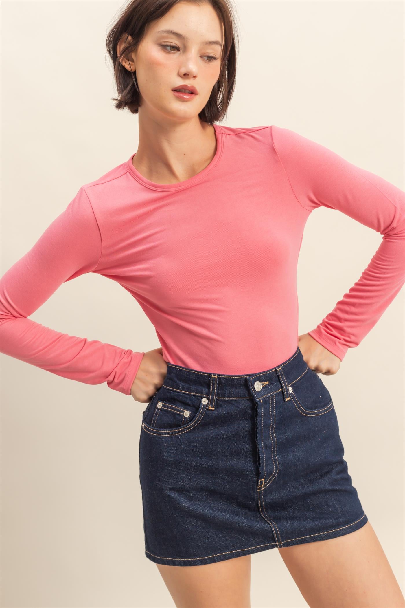 Wholesale Basic Long Sleeve Crew Neck Top Clothing Tops DZ25C950 TAFFY PINK DOUBLE ZERO