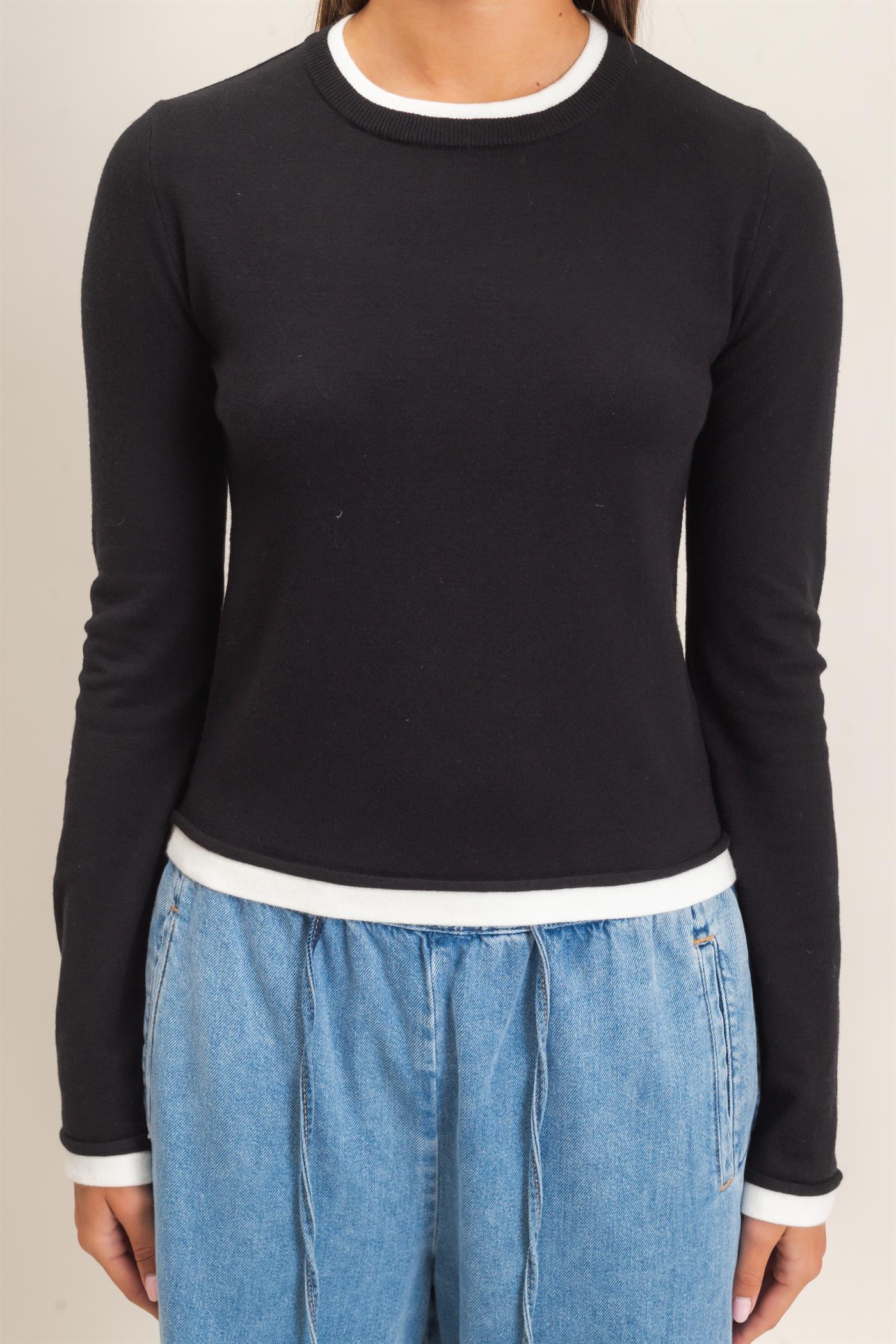 Wholesale Layer Effect Long Sleeve Knit Top Clothing Tops DZ26F394 BLACK DOUBLE ZERO