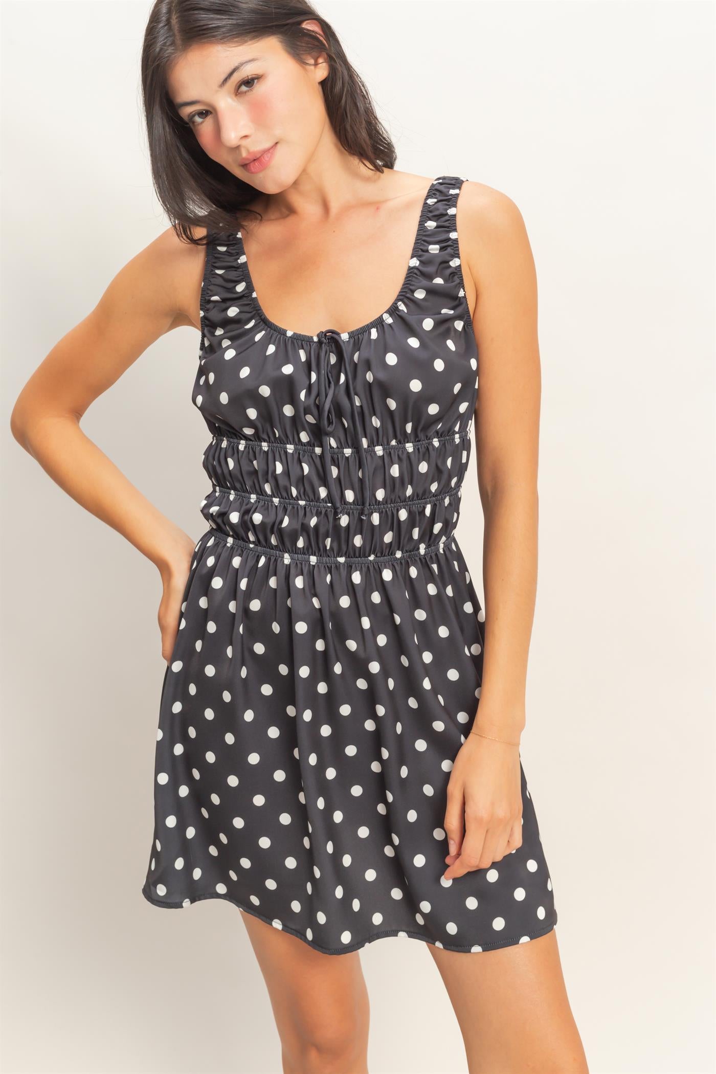 Wholesale Satin Polka Dot Mini Dress With Tie Dresses DZ25E064 BLACK DOUBLE ZERO