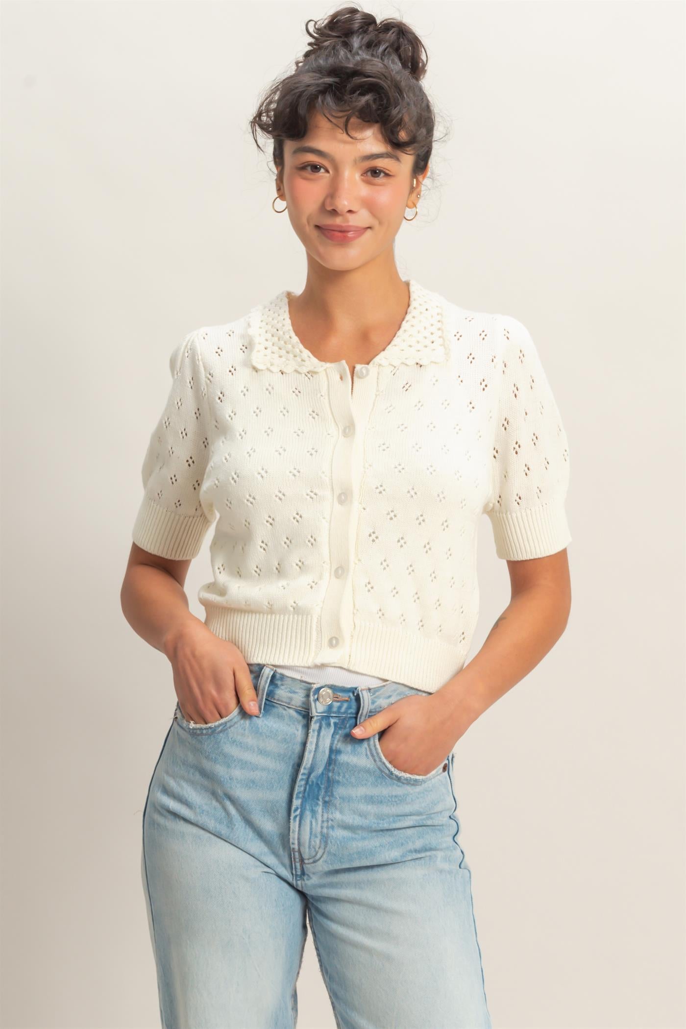 Wholesale Pointelle Collar Button-Up Puff Sleeve Knit Top Clothing Tops DZ26A748 WHIP CREAM HYFVE