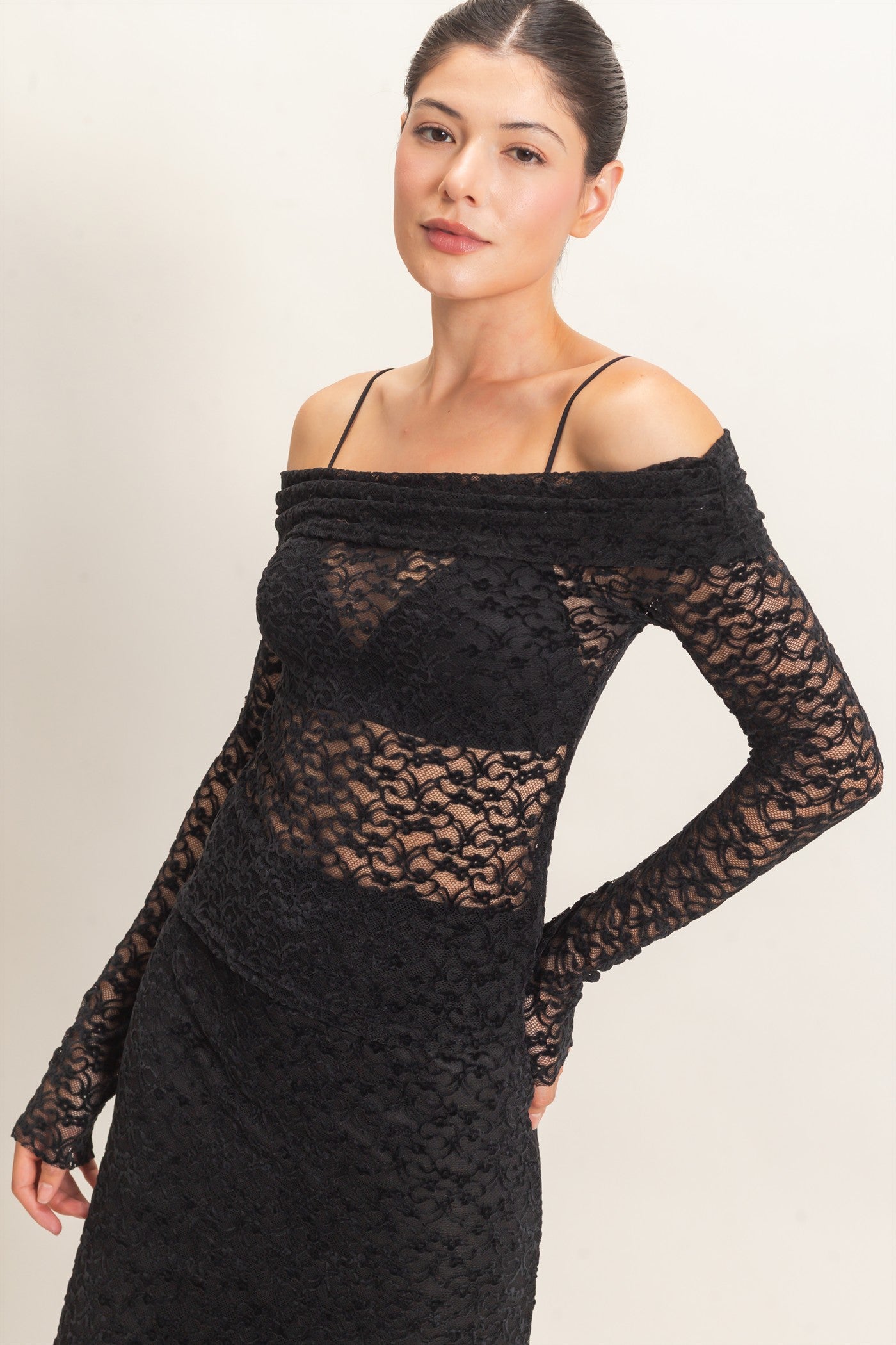 Wholesale Off-Shoulder Lace Top Clothing Tops HF26E407 BLACK HYFVE