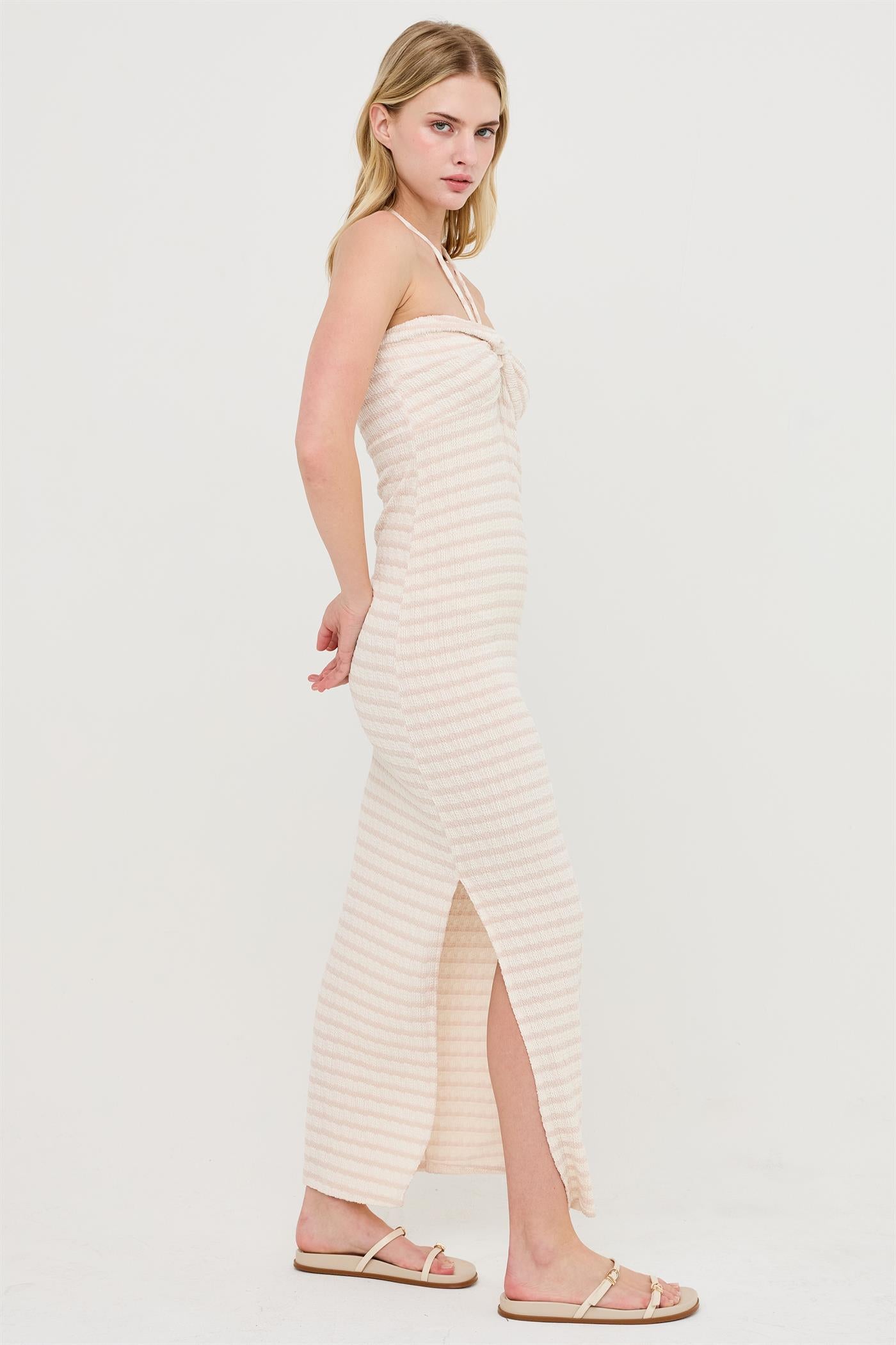 Wholesale Halter Neck Twist Bust Midi Dress Dresses HF26C301 L.TAUPE HYFVE