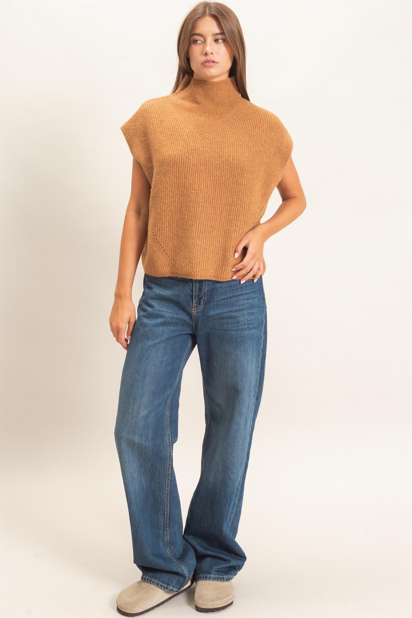 Wholesale Sleeveless High Neck Sweater Sweaters DZ26E295 CAMEL DOUBLE ZERO