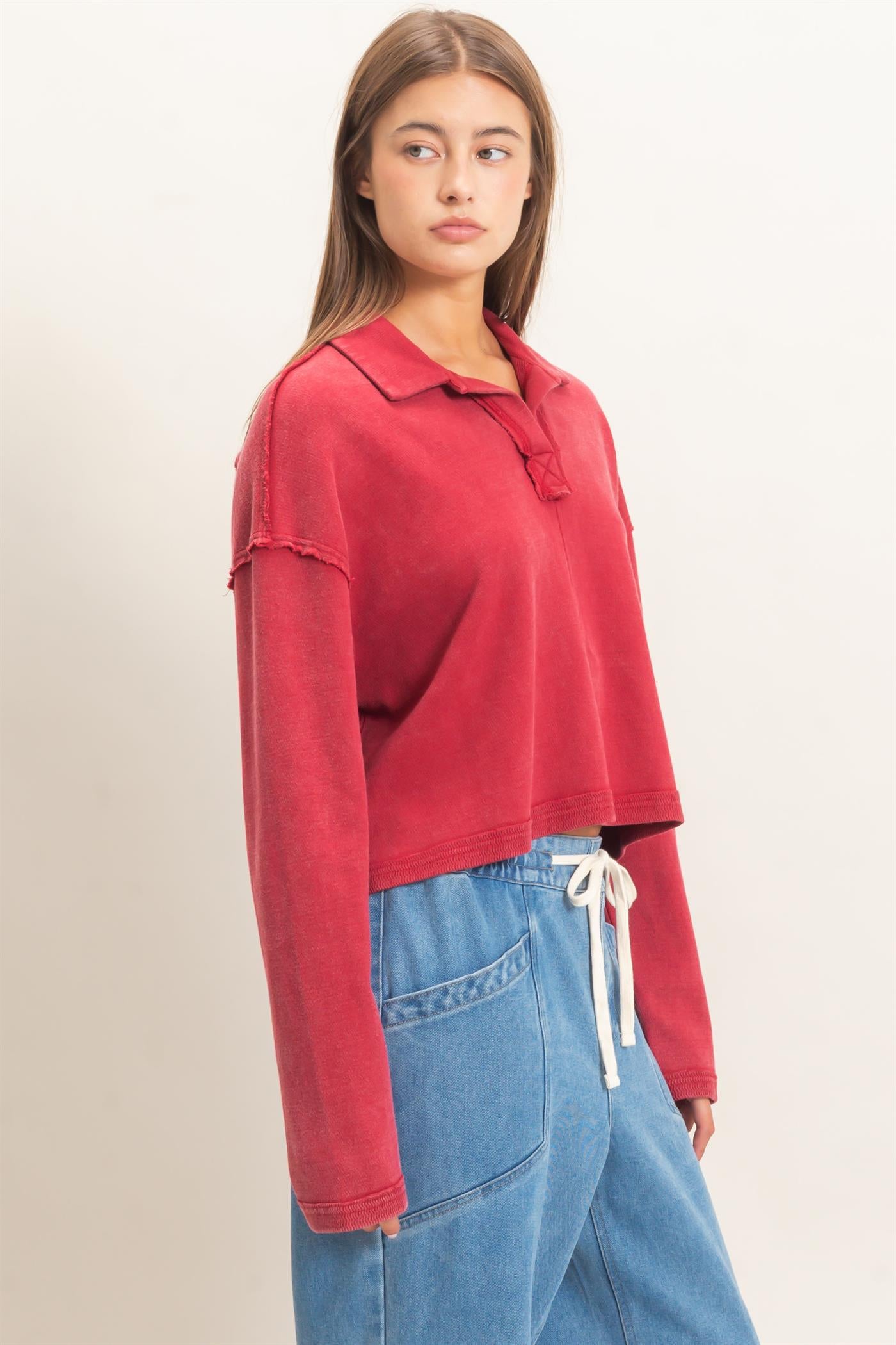 Wholesale Mineral Wash Textured Collar Top Polos DZ26E814 DARK RED DOUBLE ZERO