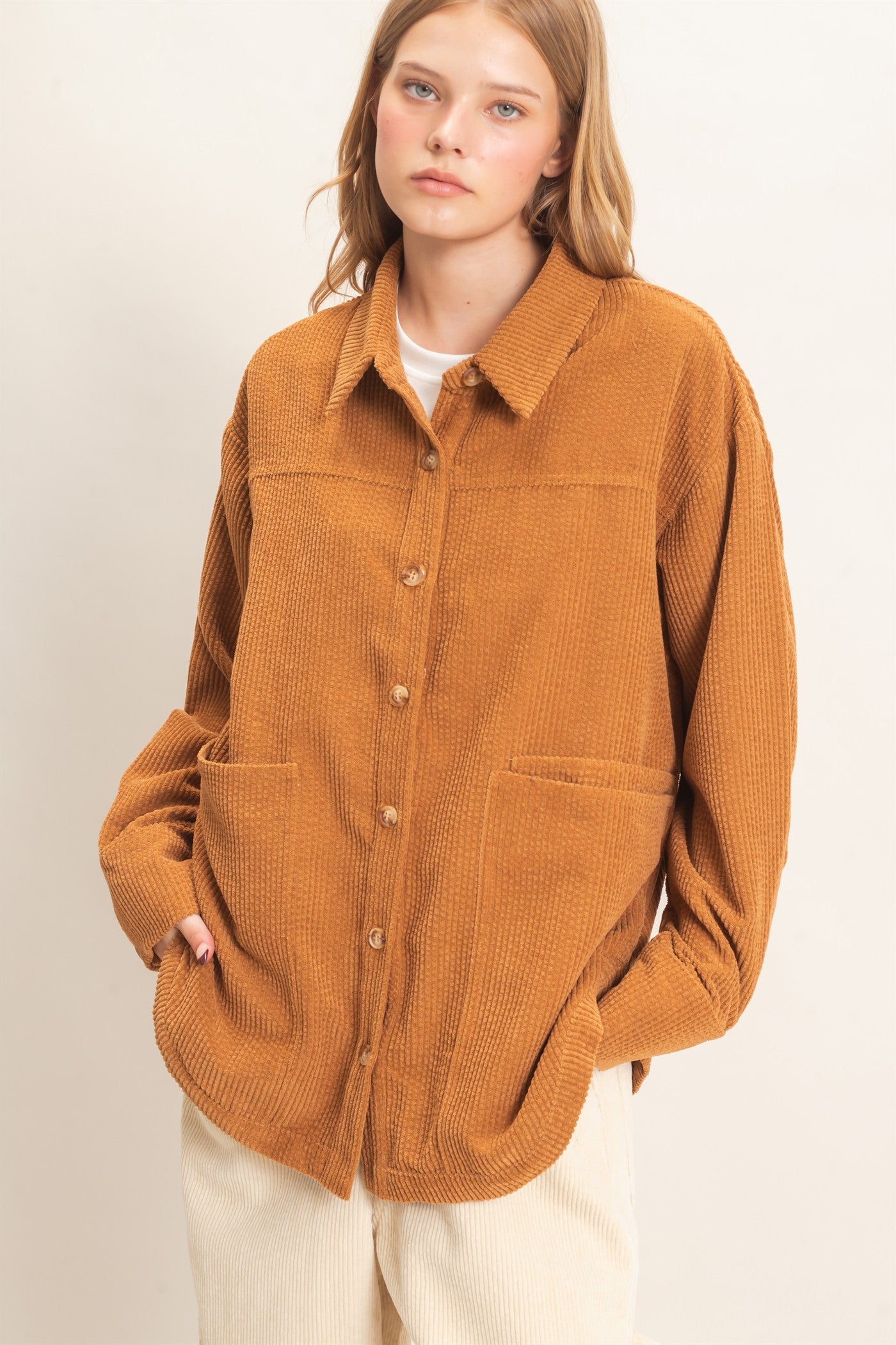 Wholesale Corduroy Button-Up Shirt Outerwear HF26F163 CAMEL HYFVE