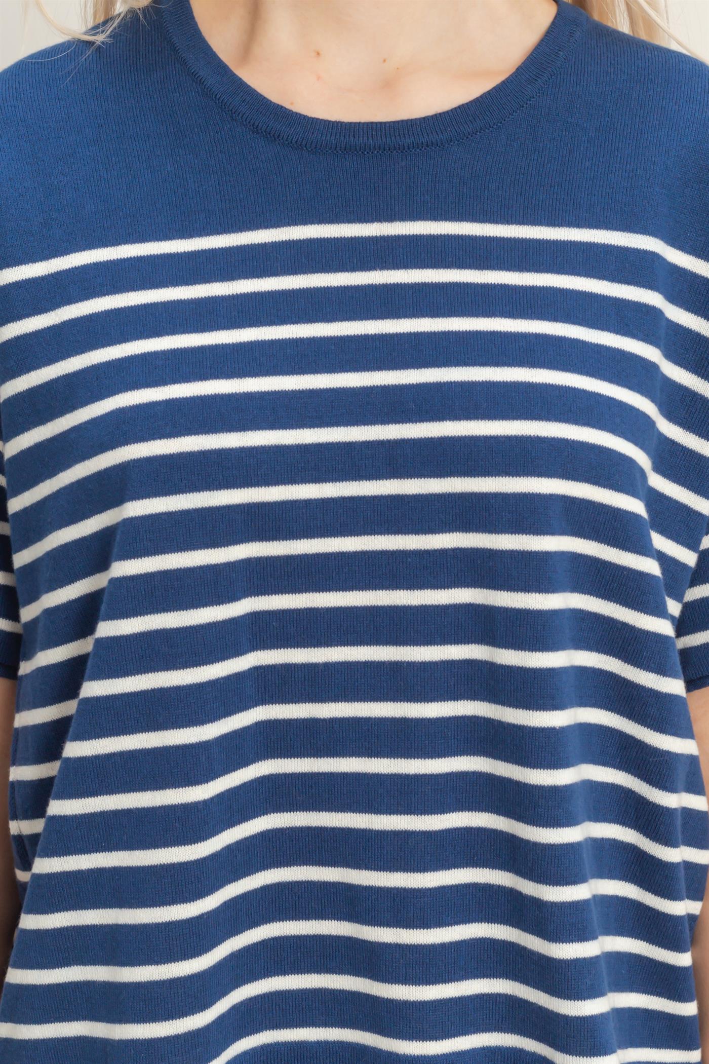 Wholesale Striped Short Sleeve Knit Top Clothing Tops DZ26A838 NAVY DOUBLE ZERO