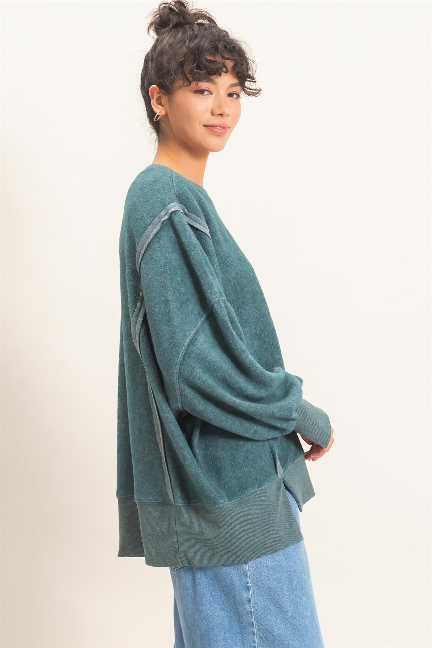Wholesale Oversized Raw Edge Crew Neck Sweatshirt Sweatshirts DZ26E273 DARK TEAL DOUBLE ZERO