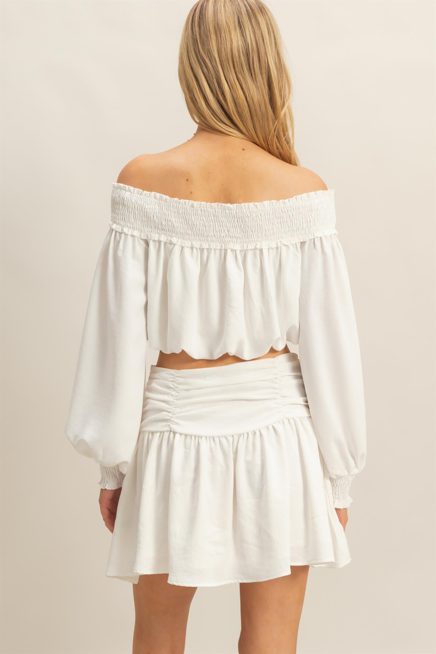 Wholesale Romantic Off Shoulder Top And Gathered Skirt Set Clothing HF25A243-SET OFF WHITE HYFVE
